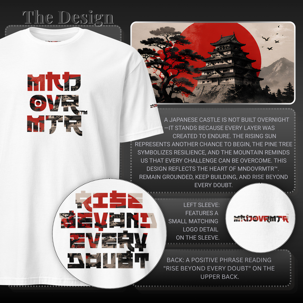 A white short-sleeve t-shirt with a stylized red and black graphic reading 'MND OVER MTR' on the front, shown alongside design details, a Japanese castle illustration with a red sun, a circular inset with 'RISE BEYOND EVERY DOUBT,' and descriptive text on a dark background.
