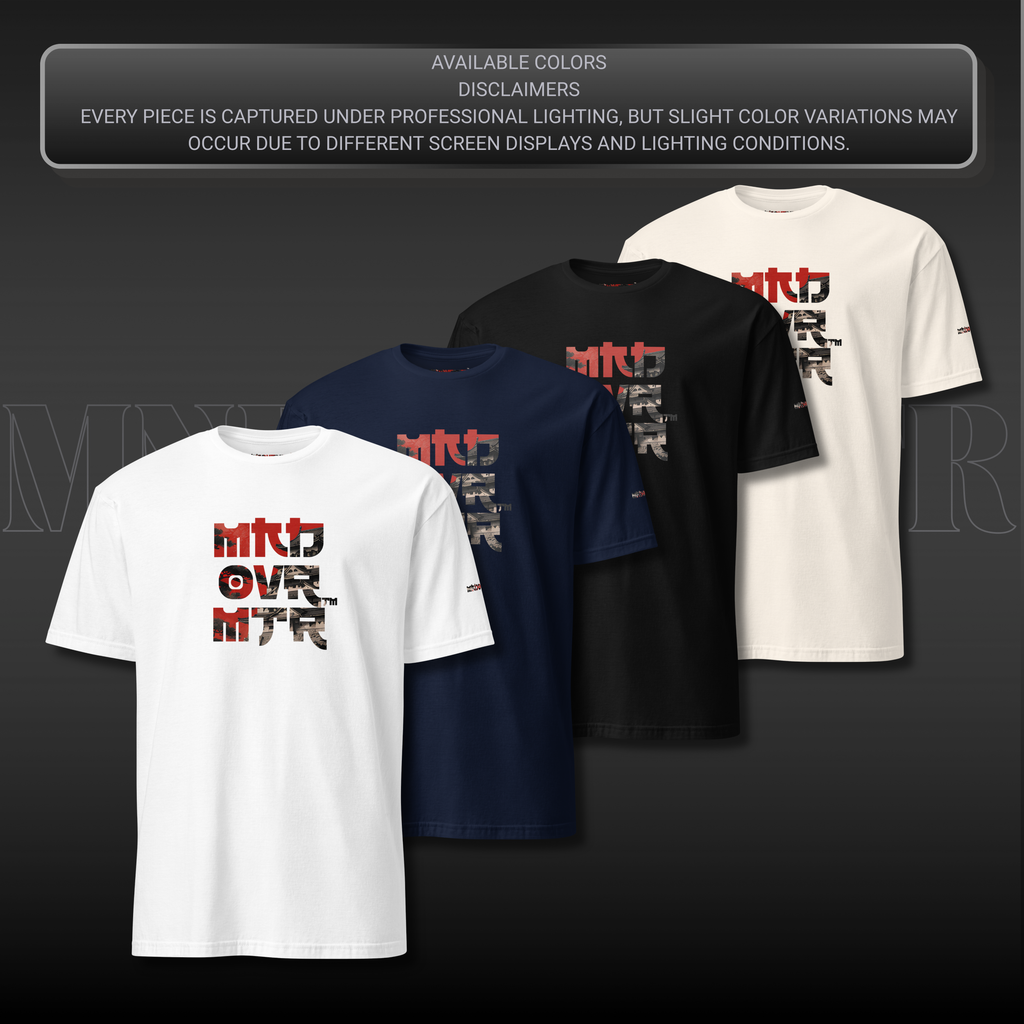 Four short-sleeve graphic T-shirts shown in white, navy, black, and natural, arranged in a staggered fan layout on a dark gradient background. Each shirt features a large stylized 'MND OVR MTR' graphic on the front.
