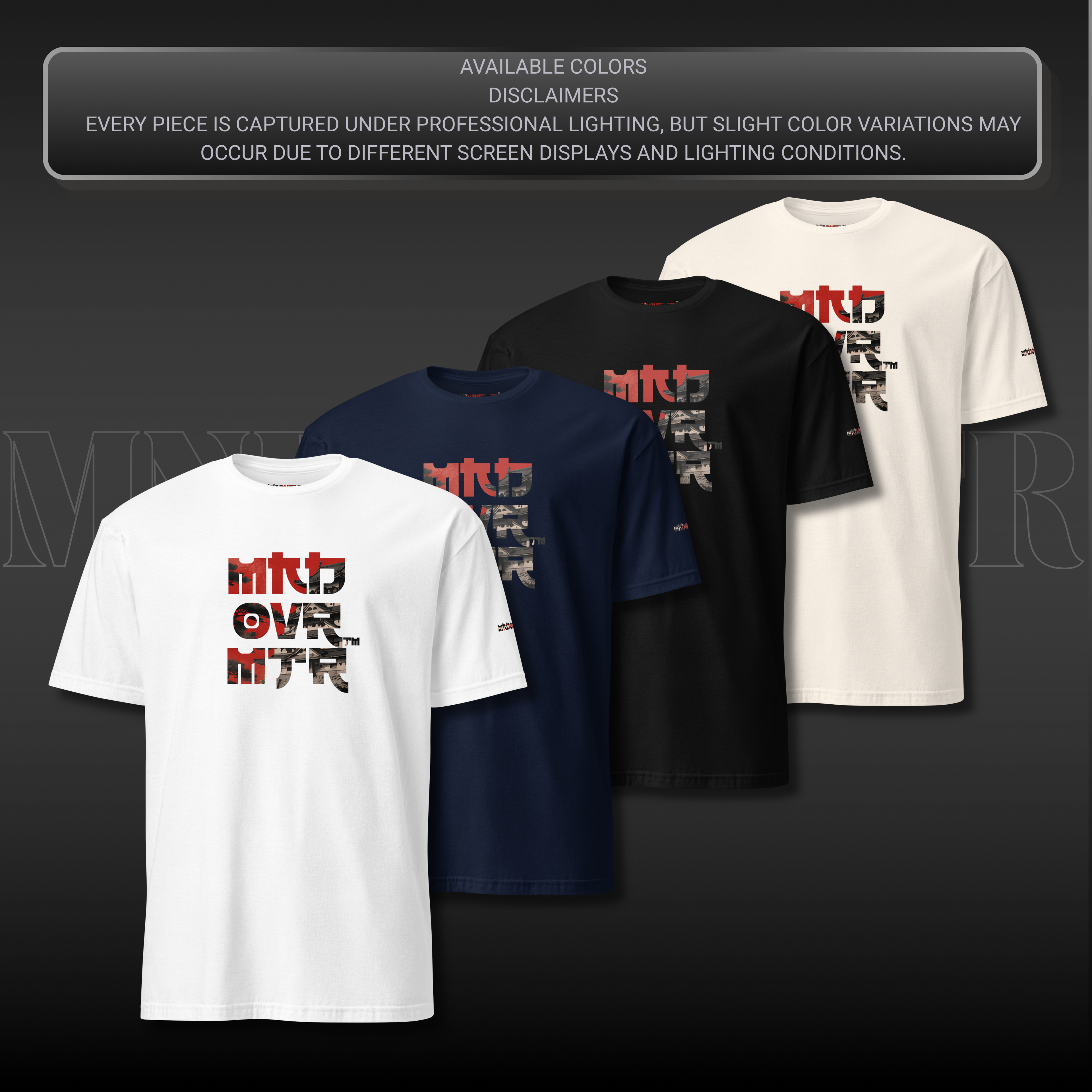 Four short-sleeve graphic T-shirts shown in white, navy, black, and natural, arranged in a staggered fan layout on a dark gradient background. Each shirt features a large stylized 'MND OVR MTR' graphic on the front.