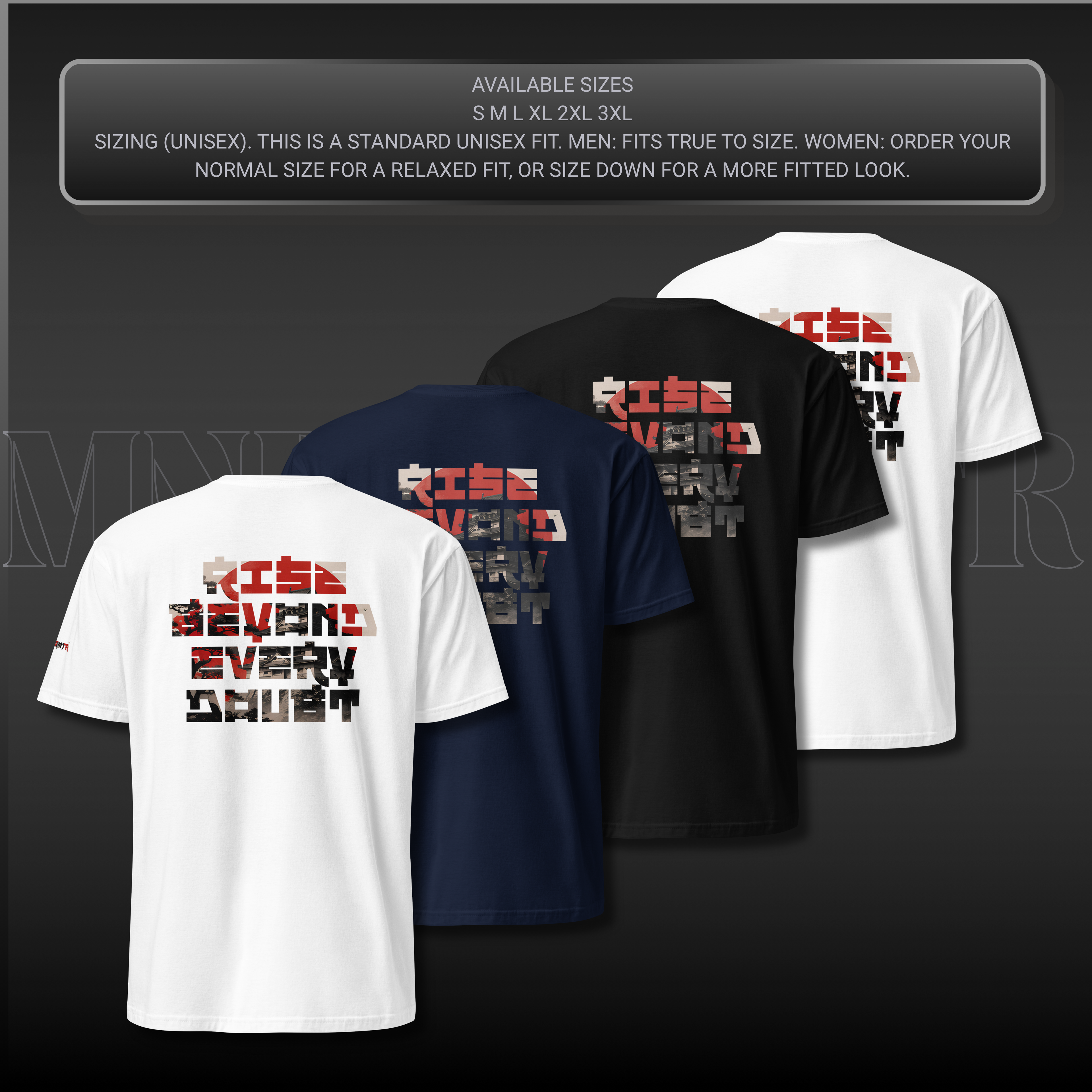 Four graphic T-shirts shown from the back in white, natural, navy, and black, with a text box at the top listing available sizes and fit information.
