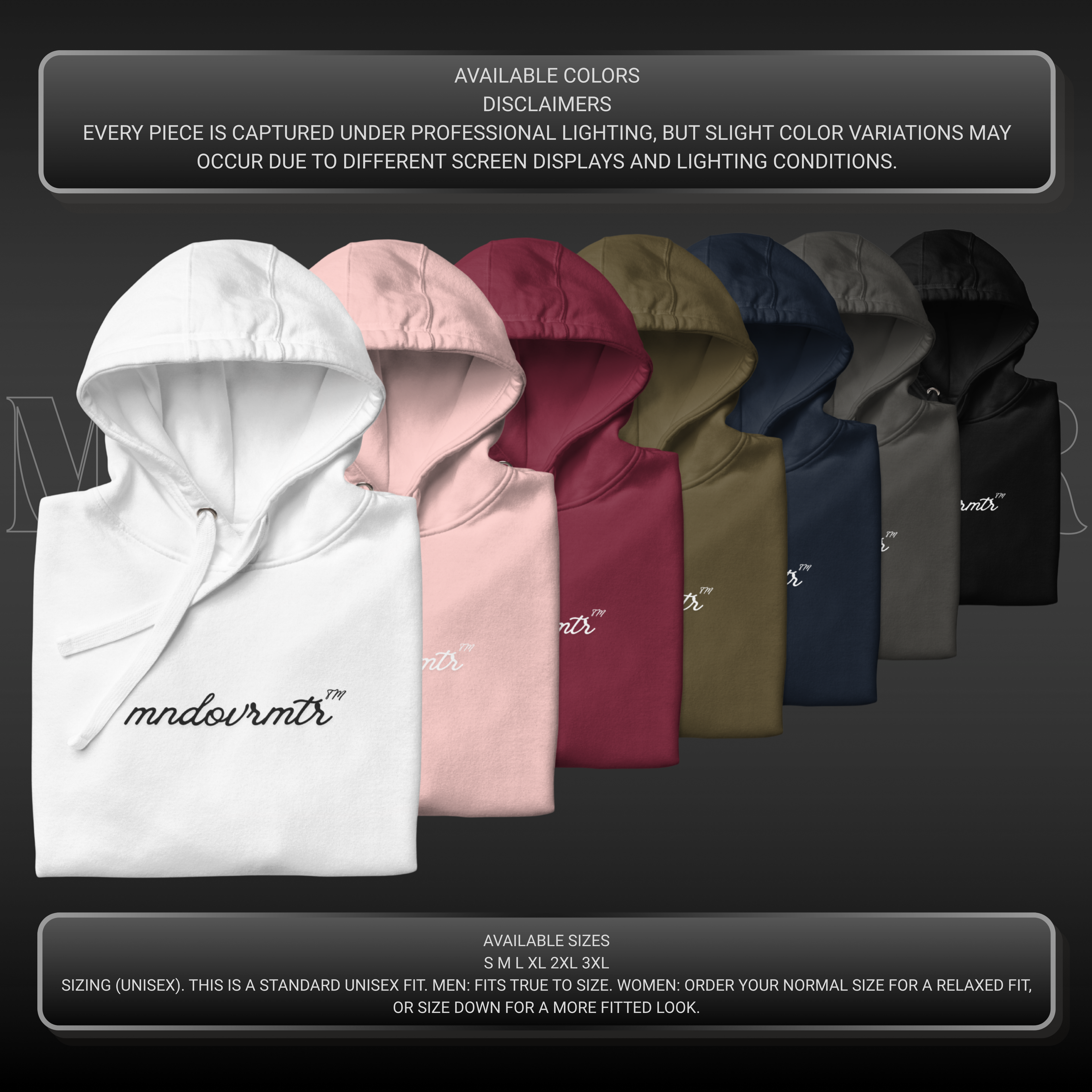 MNDOVRMTR unisex hoodie color options mockup with minimalist chest logo, featuring white, pink, burgundy, olive, navy, charcoal, and black pullover hoodies.