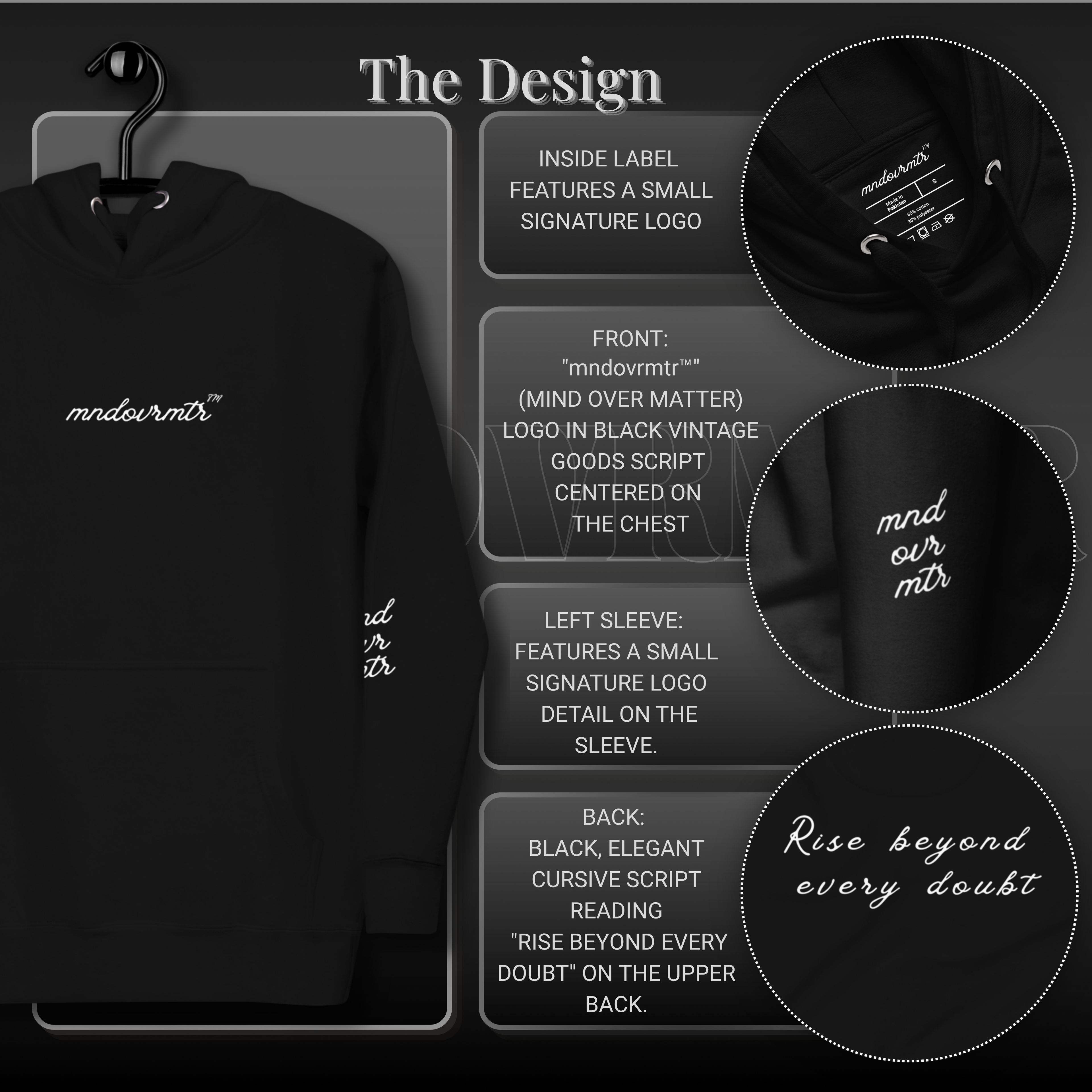 MNDOVRMTR fleece unisex hoodie design details showing front chest logo, inside label, sleeve logo accent, and “Rise beyond every doubt” back print.