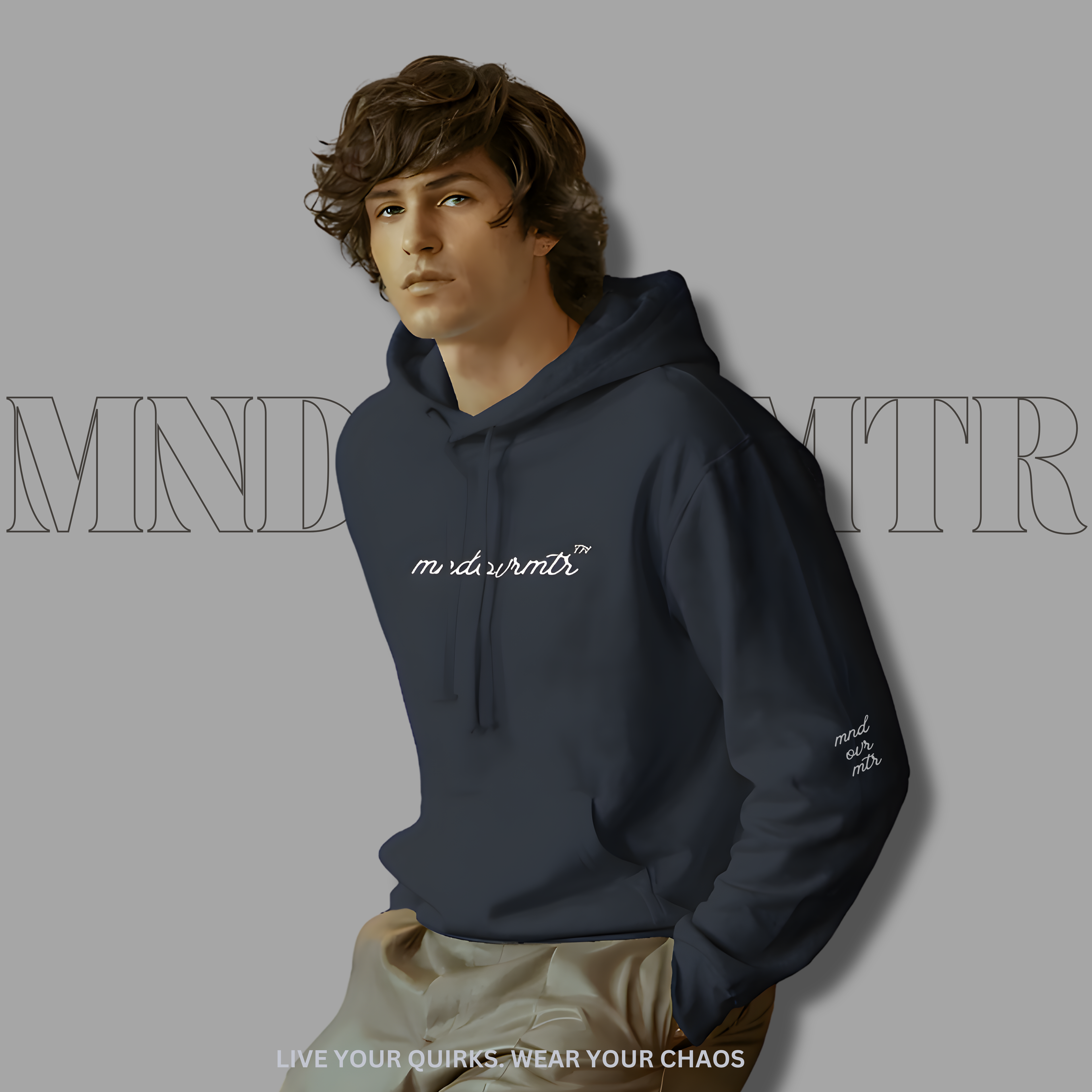 MNDOVRMTR oversized, fleece, navy, hoodie worn by a young adult male model with 'mndovrmtr' branding on a gray background