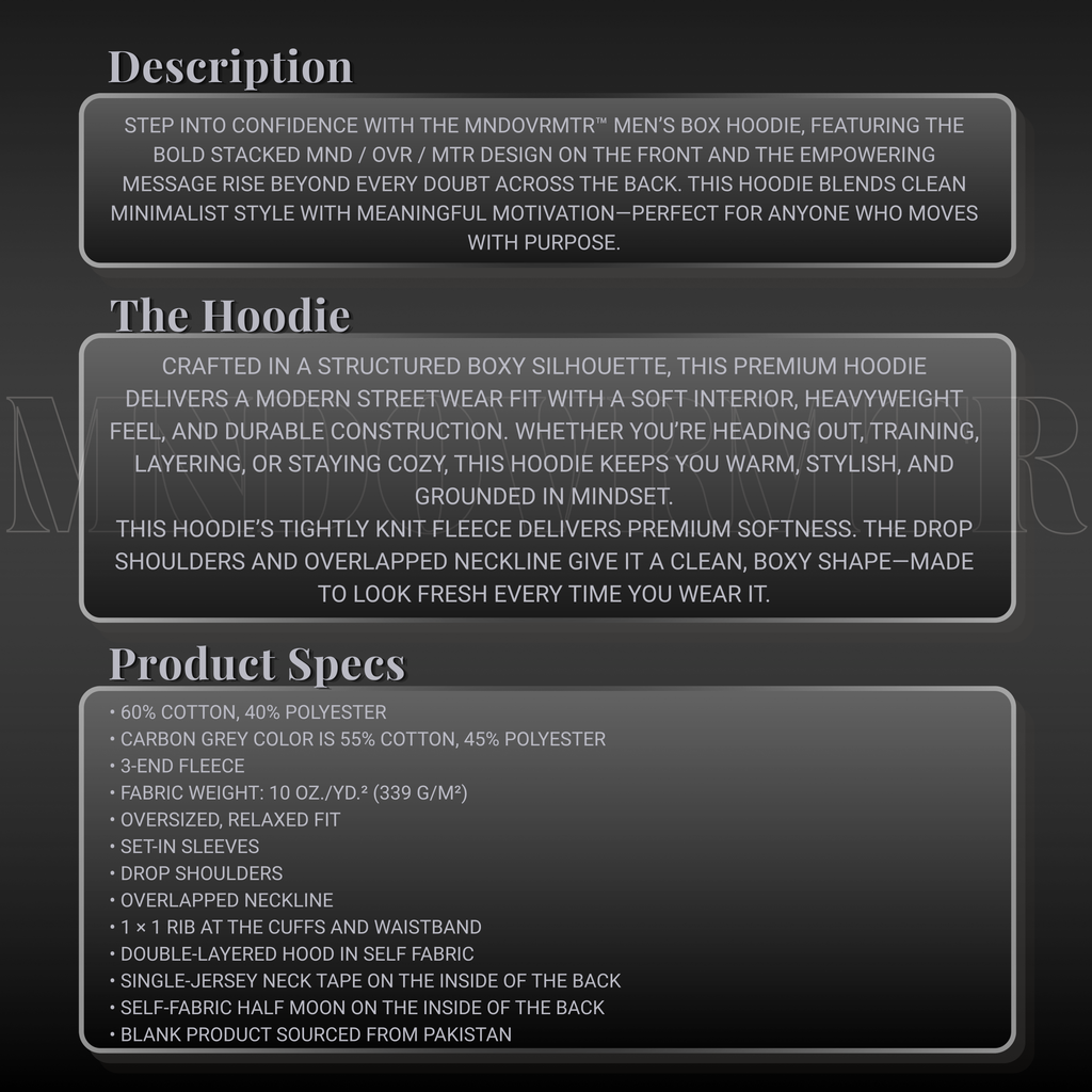 MNDOVRMTR™ men's box hoodie - product description and specs, streetwear hoodie