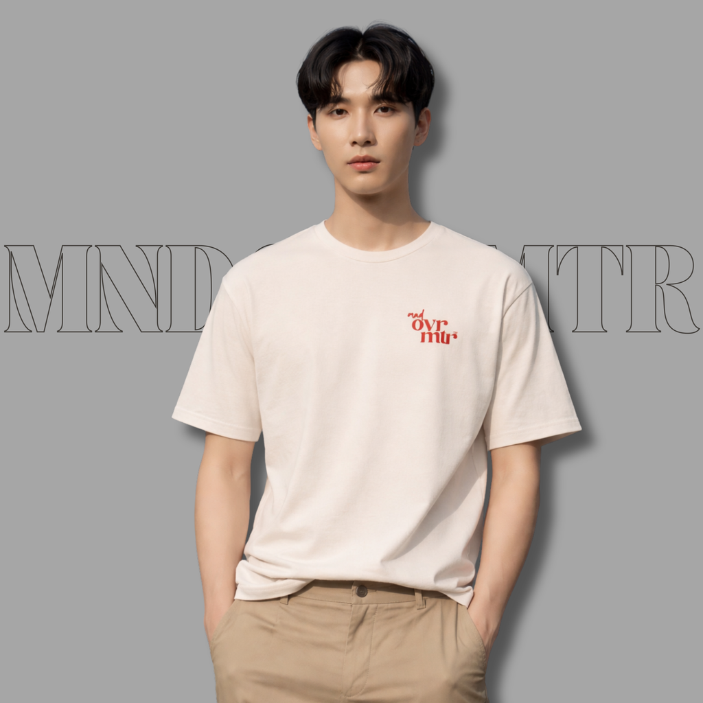 MNDOVRMTR™ stacked logo t-shirt in natural - red logo detail, streetwear tee