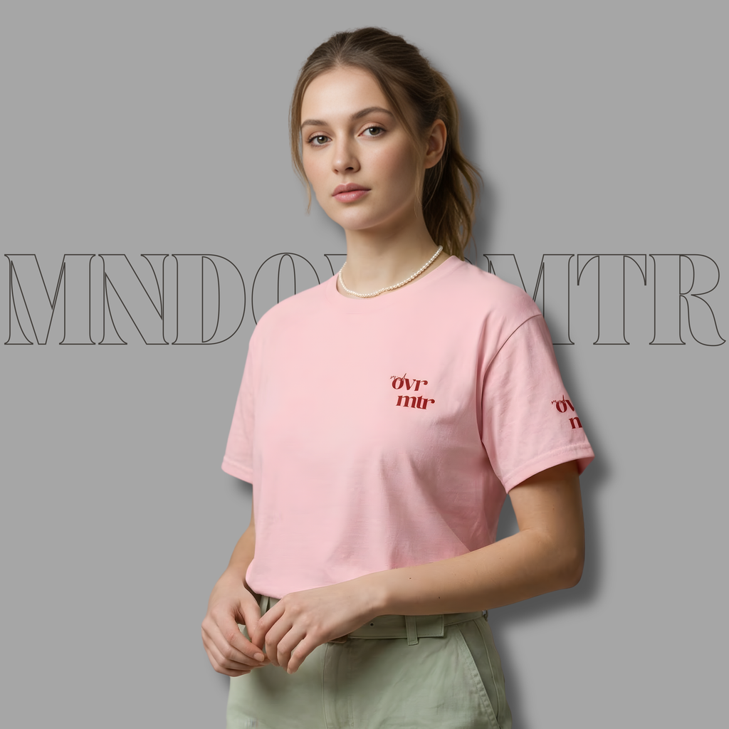 MNDOVRMTR™ stacked logo t-shirt in pink - unisex streetwear tee, front view