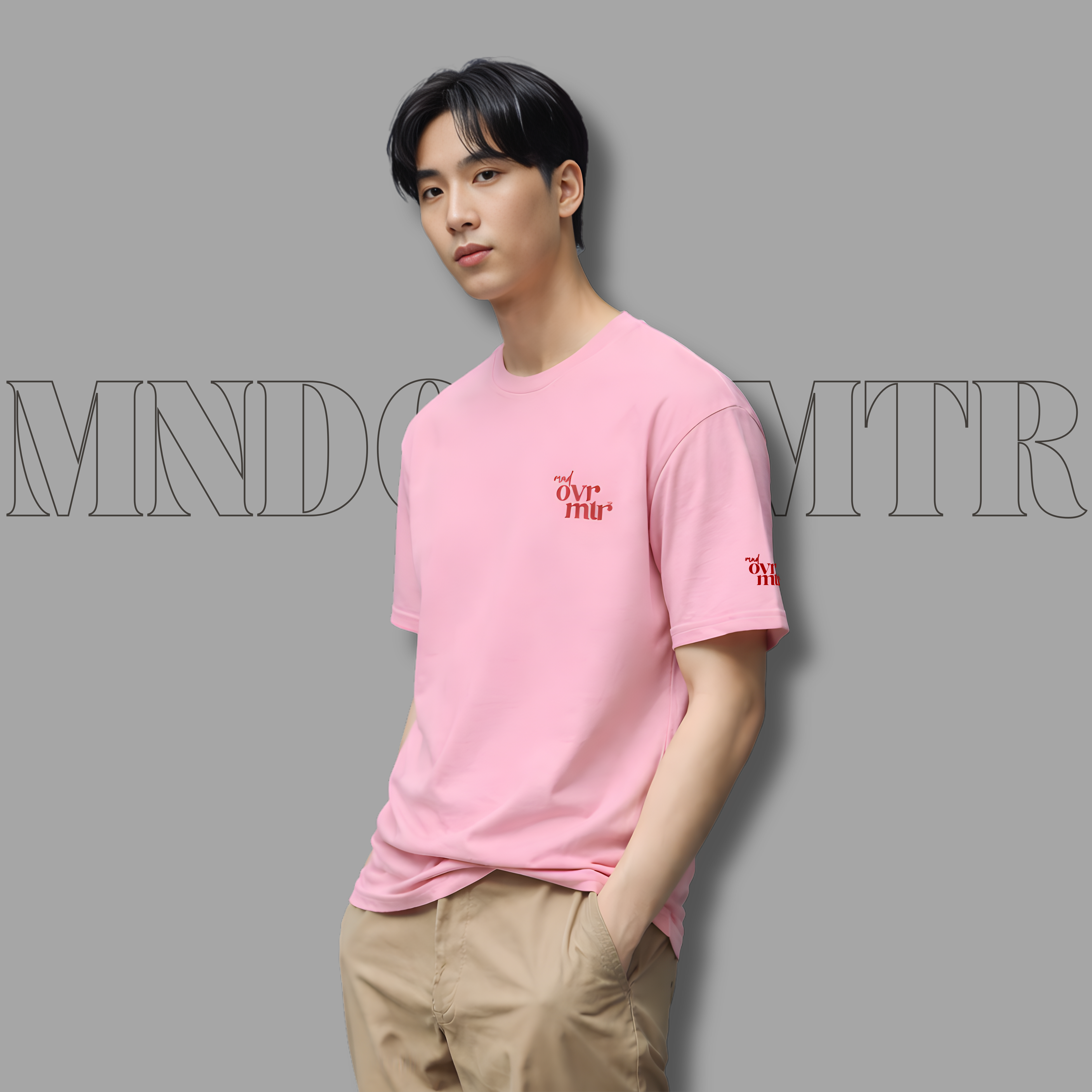 MNDOVRMTR™ stacked logo t-shirt in pink - red stacked mnd/ovr/mtr logo detail
