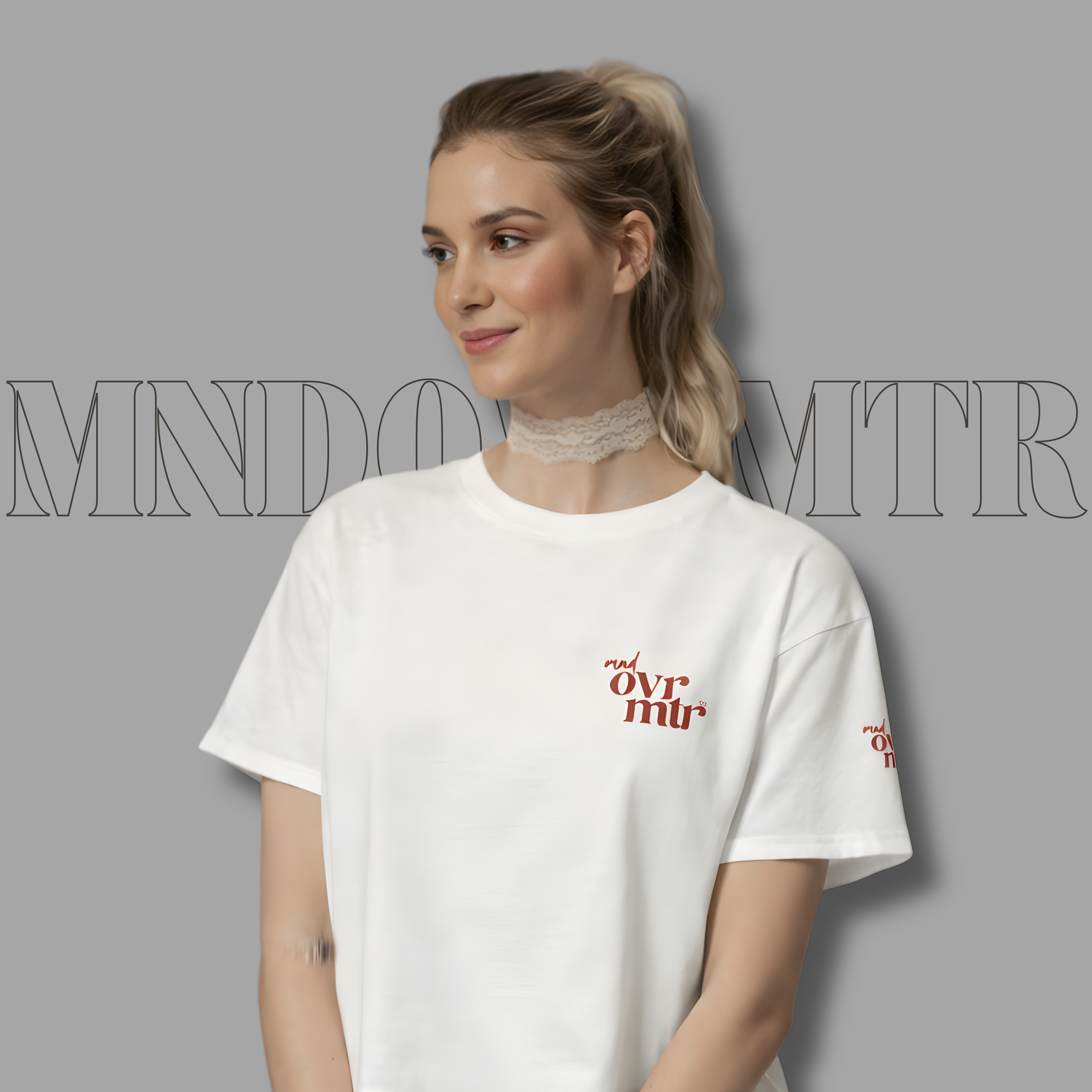 MNDOVRMTR™ stacked logo t-shirt in white - unisex classic streetwear tee, front view
