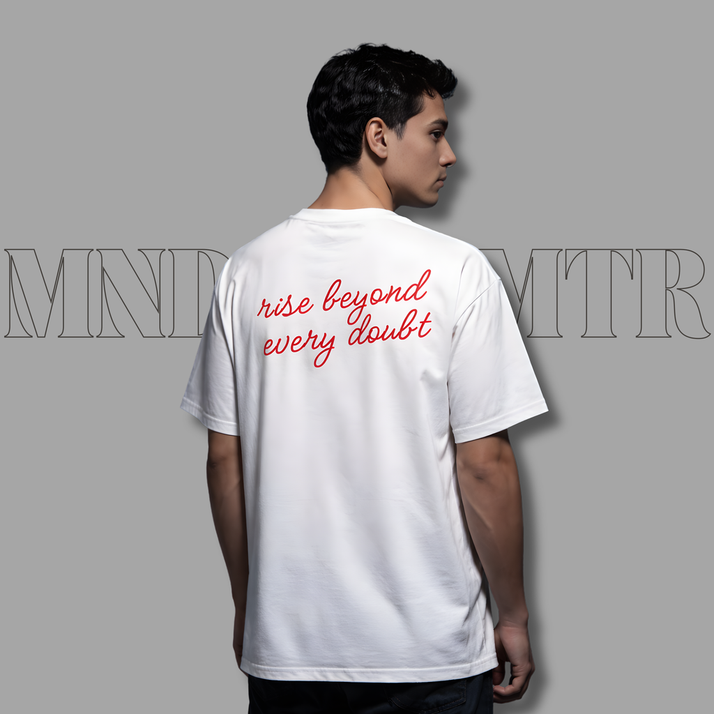 MNDOVRMTR™ stacked logo t-shirt in white - Rise Beyond Every Doubt back print