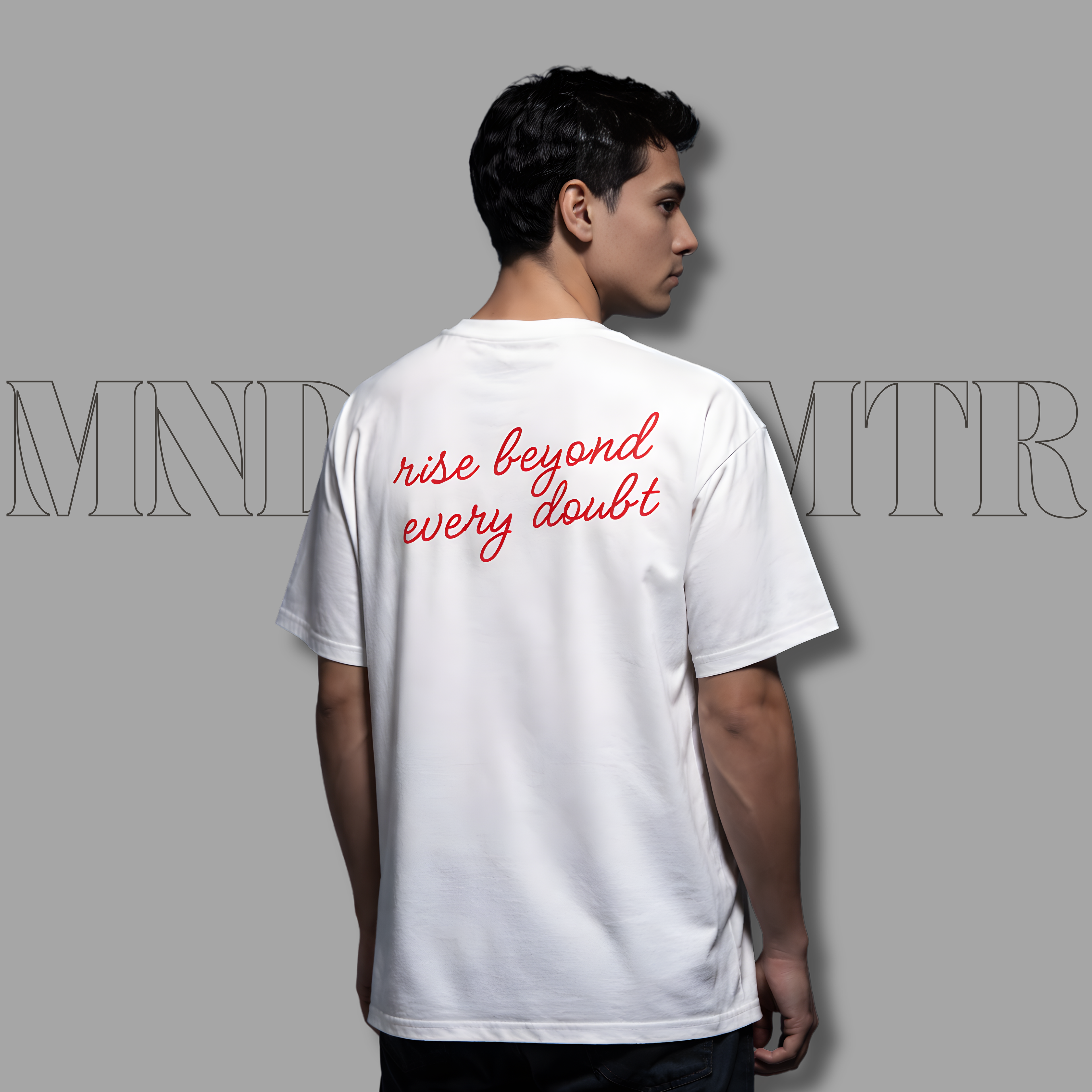 MNDOVRMTR™ stacked logo t-shirt in white - Rise Beyond Every Doubt back print