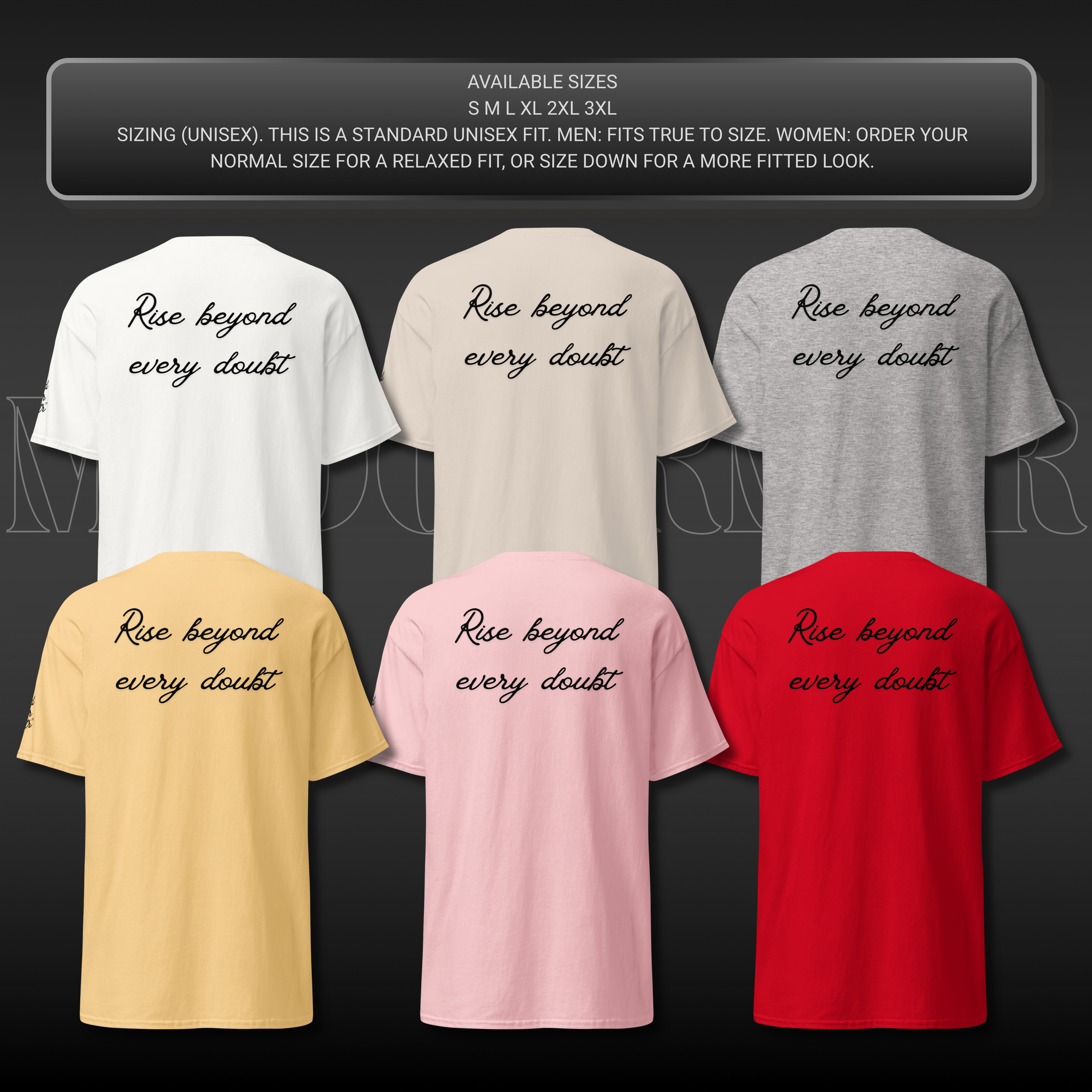MNDOVRMTR™ script logo t-shirt - size chart and color options, streetwear tee
