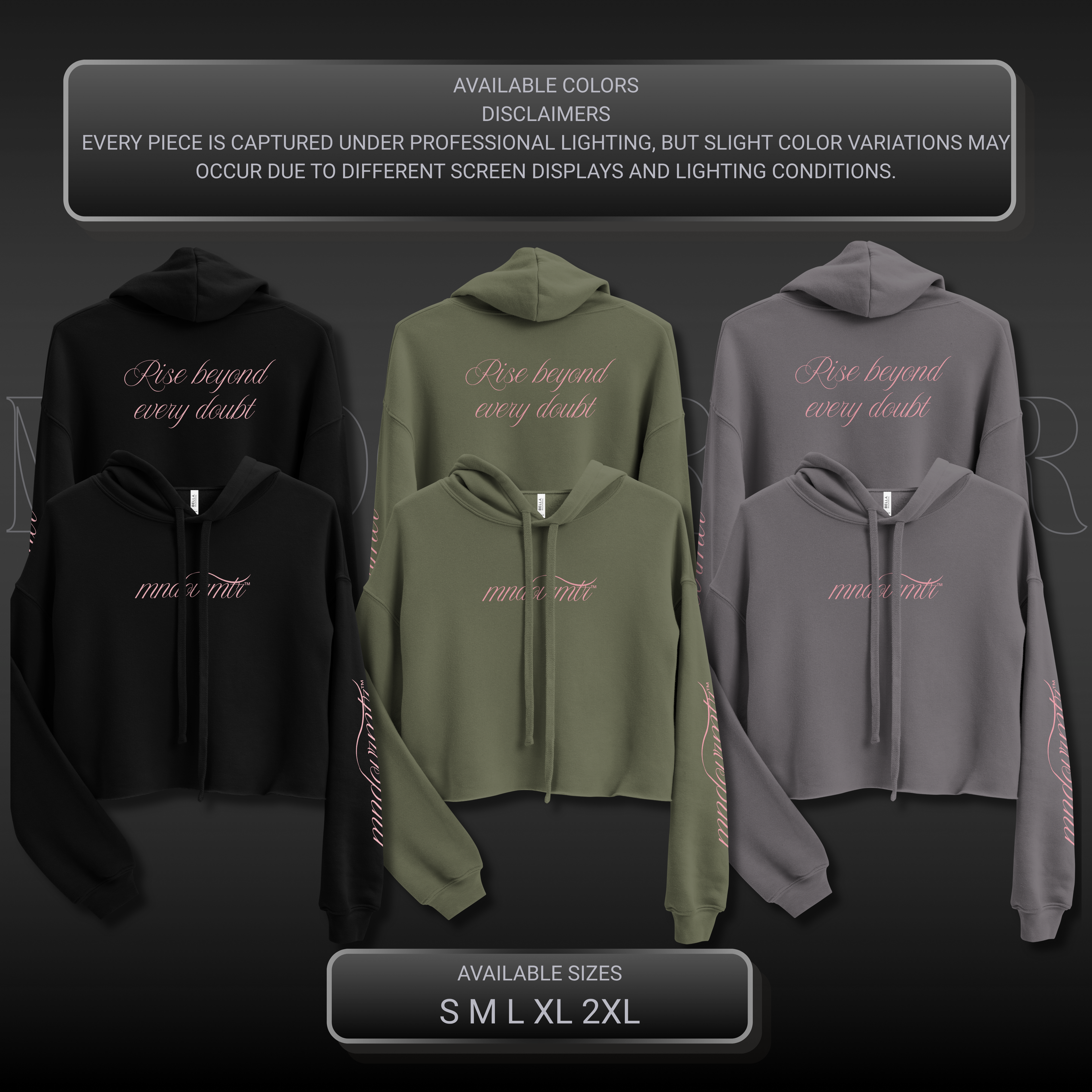 mndovrmtr hoodie – mind over matter streetwear crop pullover with crimson cursive logo, sleeve detail, and 'Rise beyond every doubt' back print, unisex oversized fit.