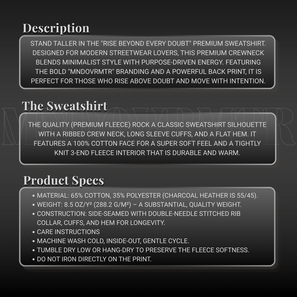 MNDOVRMTR™ premium streetwear sweatshirt - product description and specs, fleece crewneck