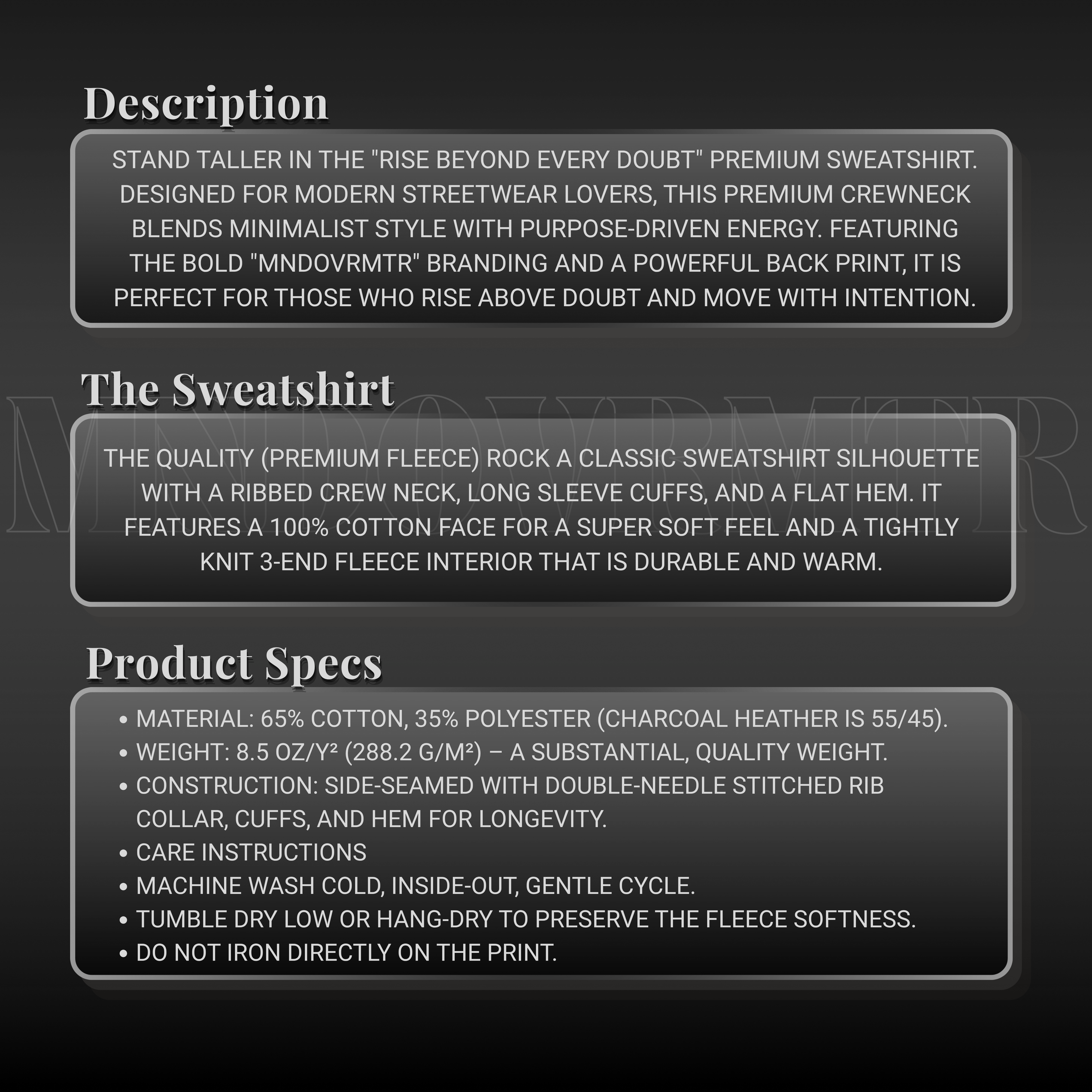MNDOVRMTR™ premium streetwear sweatshirt - product description and specs, fleece crewneck