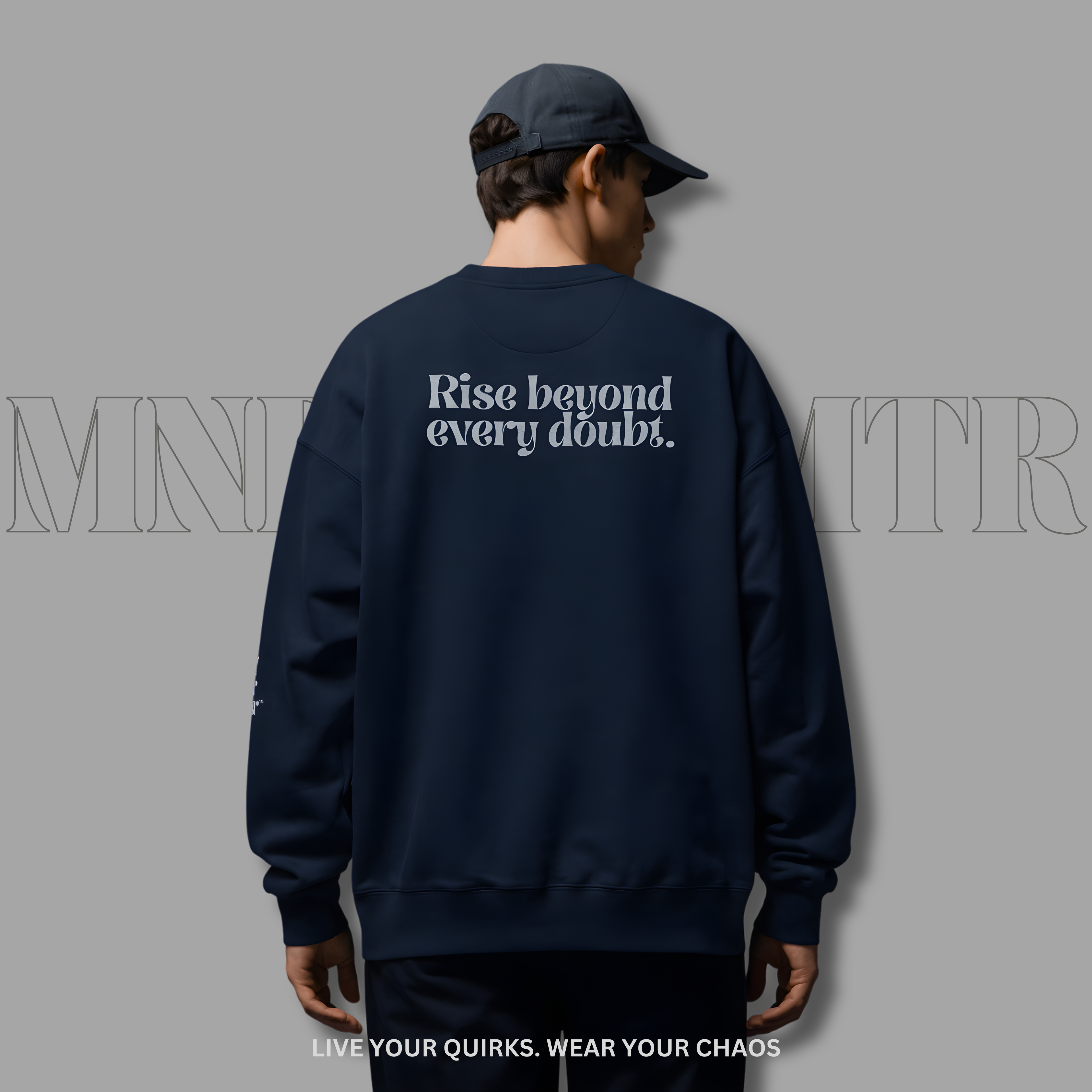 MNDOVRMTR™ premium streetwear sweatshirt in navy - Rise Beyond Every Doubt back print