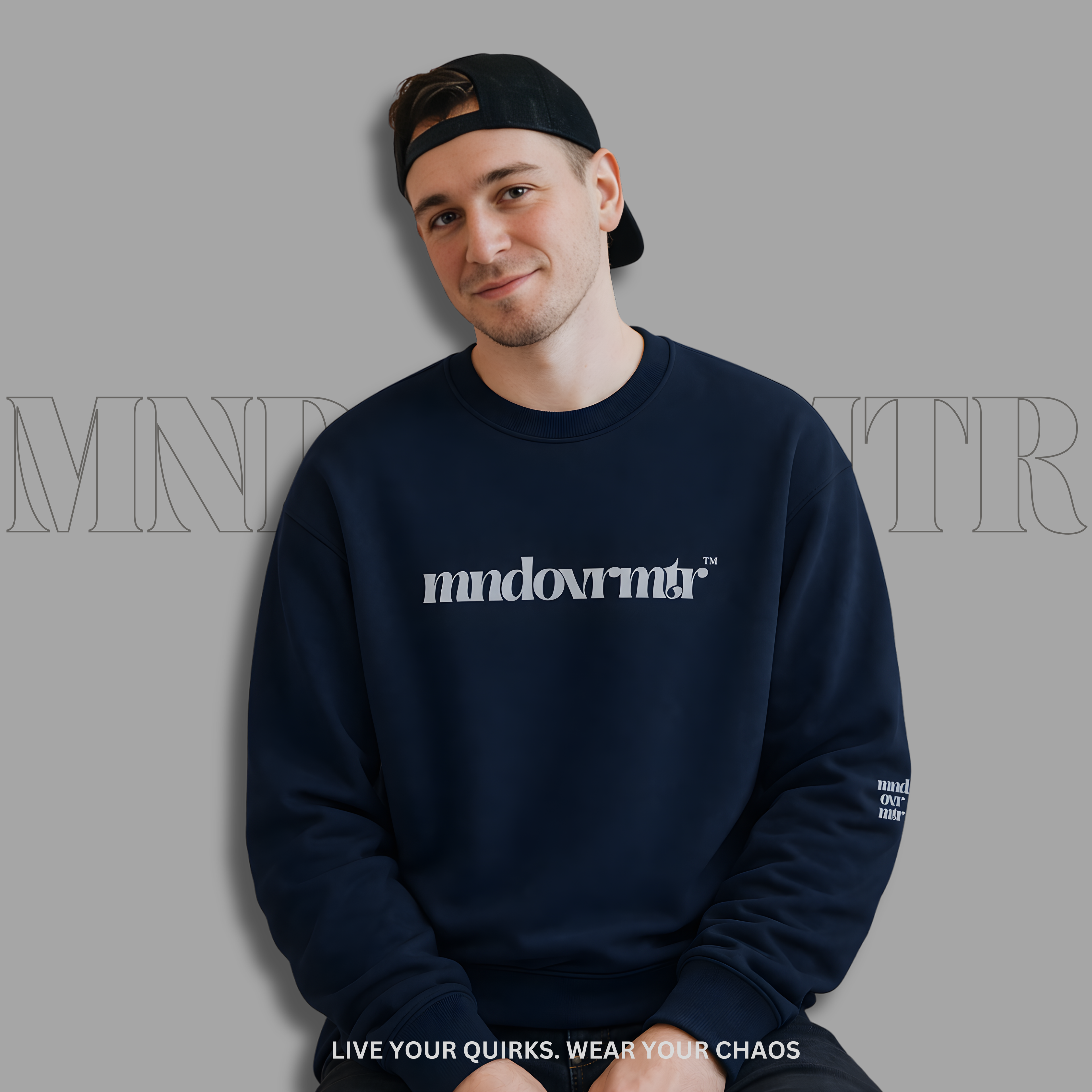 MNDOVRMTR™ premium streetwear sweatshirt in navy - motivational crewneck, front logo
