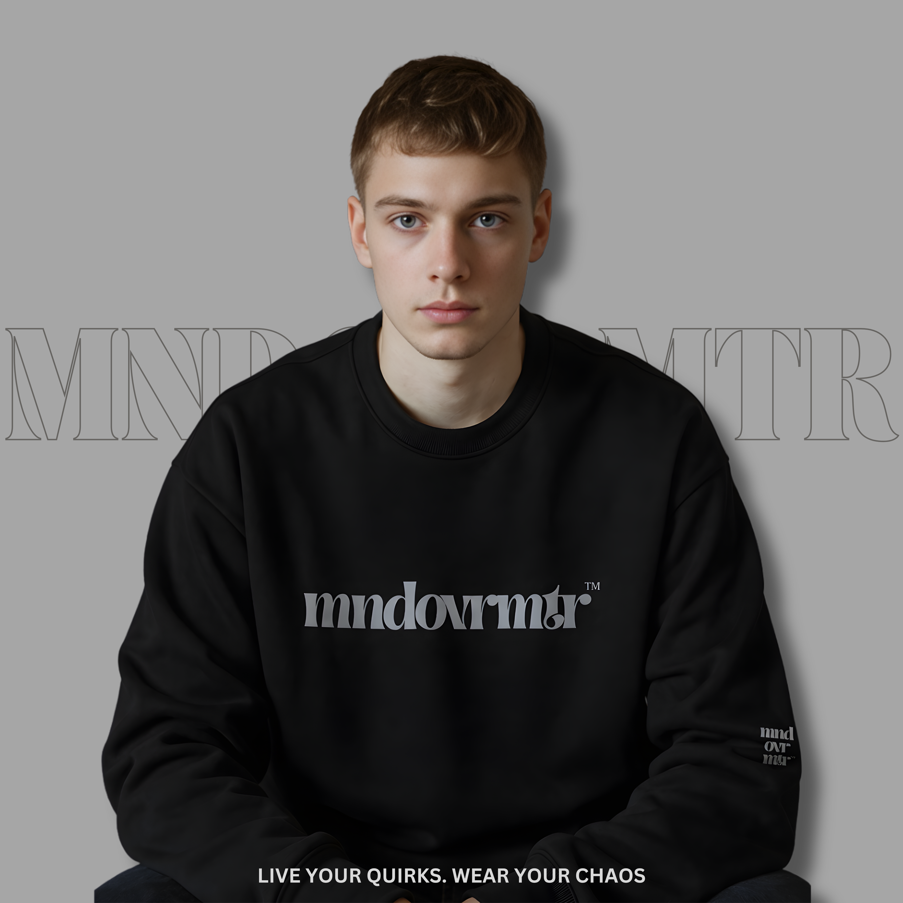 MNDOVRMTR™ premium streetwear sweatshirt in black - mind over matter crewneck, front logo