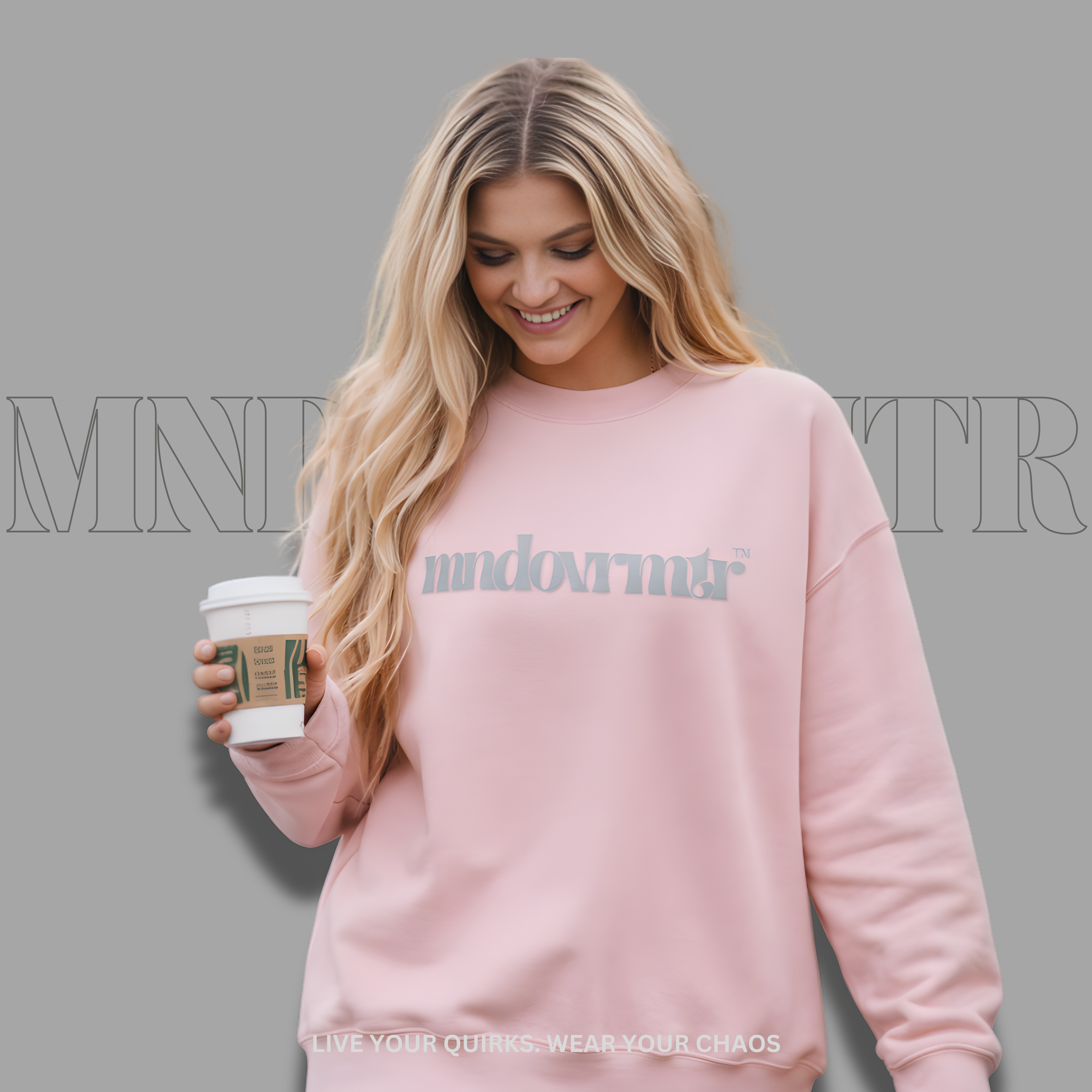 MNDOVRMTR™ premium streetwear sweatshirt in pink - motivational crewneck, lifestyle photo