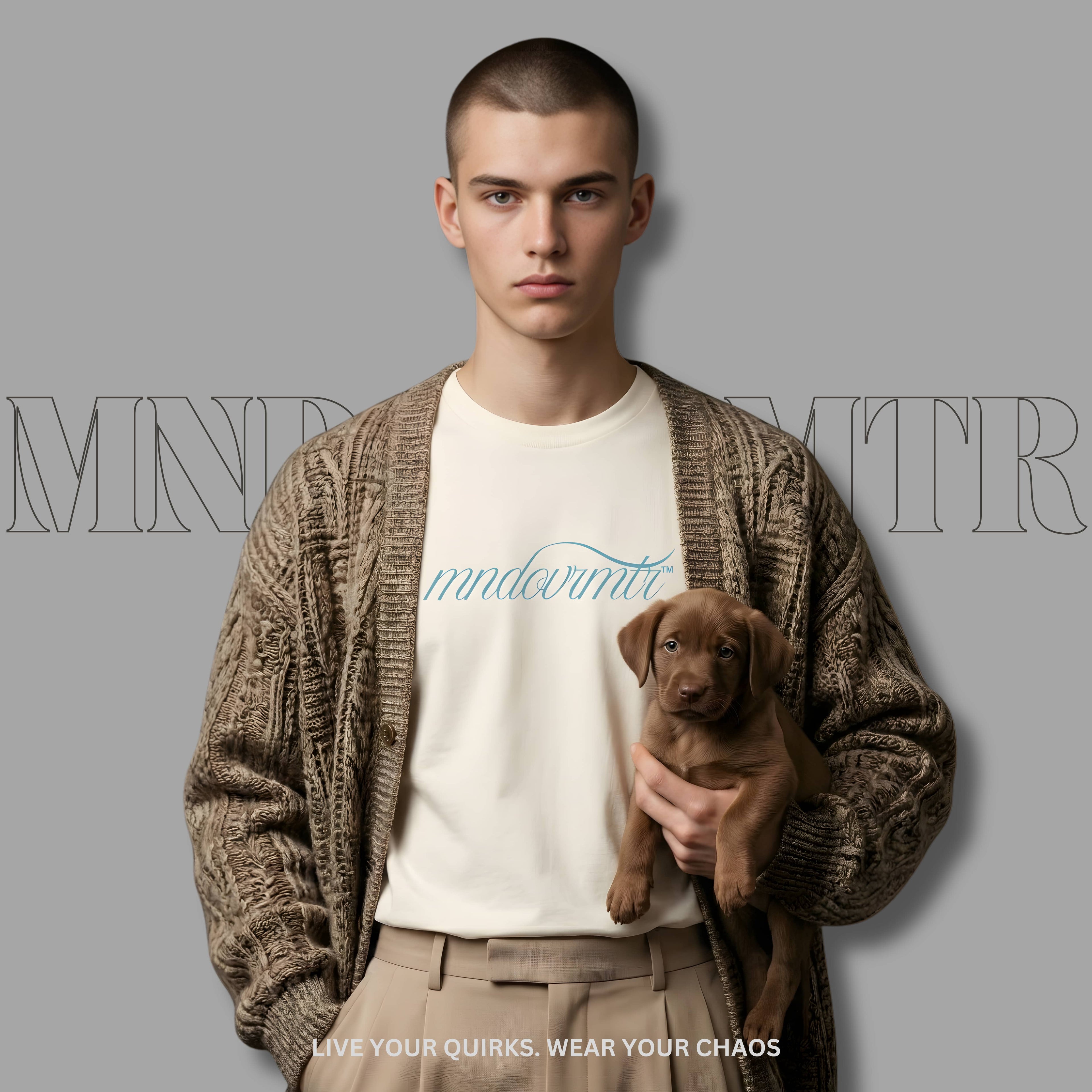 MNDOVRMTR Script Shirt – Minimalist Mind Over Matter Streetwear Tee worn by a man holding a puppy 