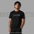 MNDOVRMTR Script Shirt – Minimalist  Black Mind Over Matter Streetwear Tee - worn by a stunning gentleman, casually standing against a gray background