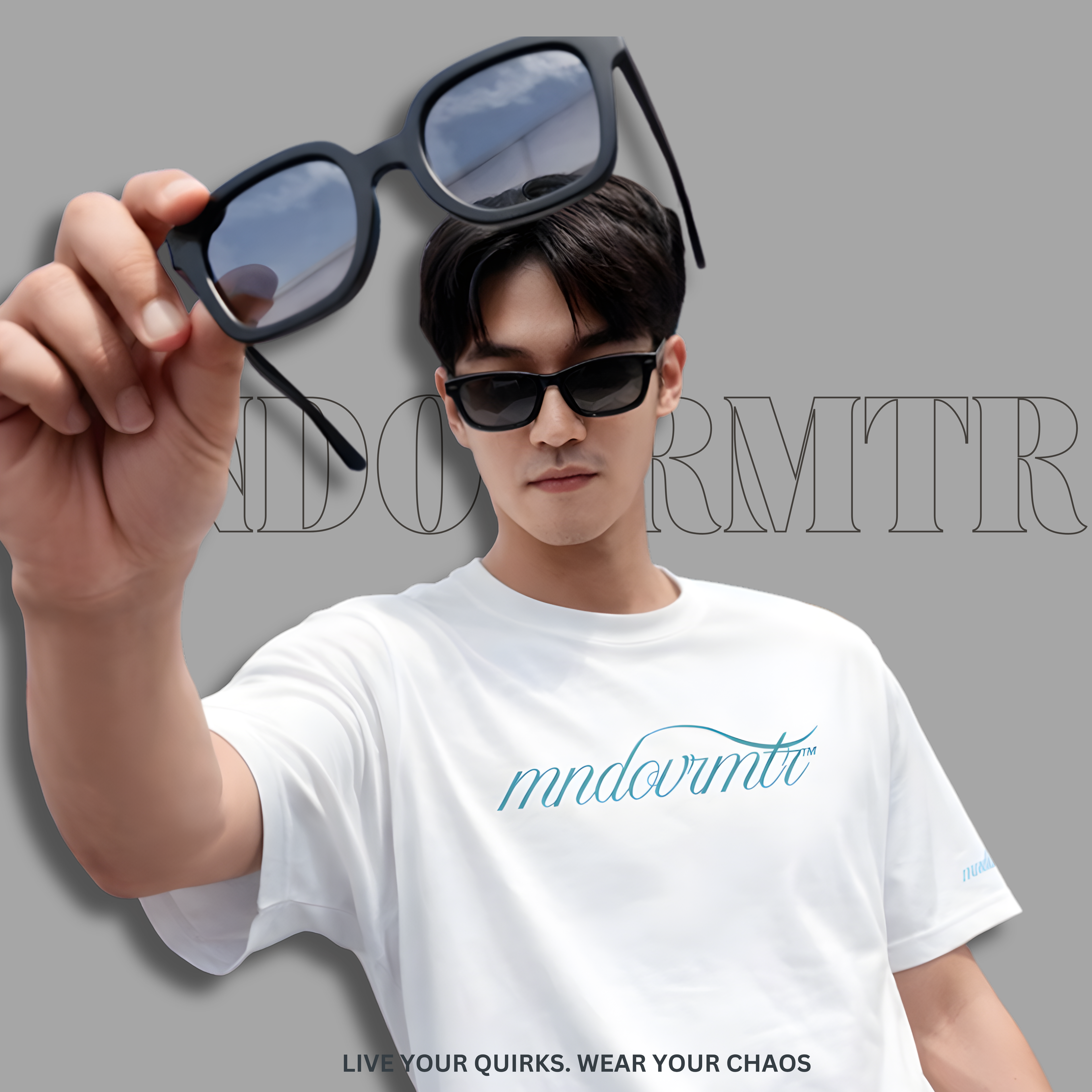 MNDOVRMTR Script Shirt – Minimalist Mind Over Matter Streetwear Tee - White colored with soft cursive typography "mndovrmtr™", worn by a stunning male model