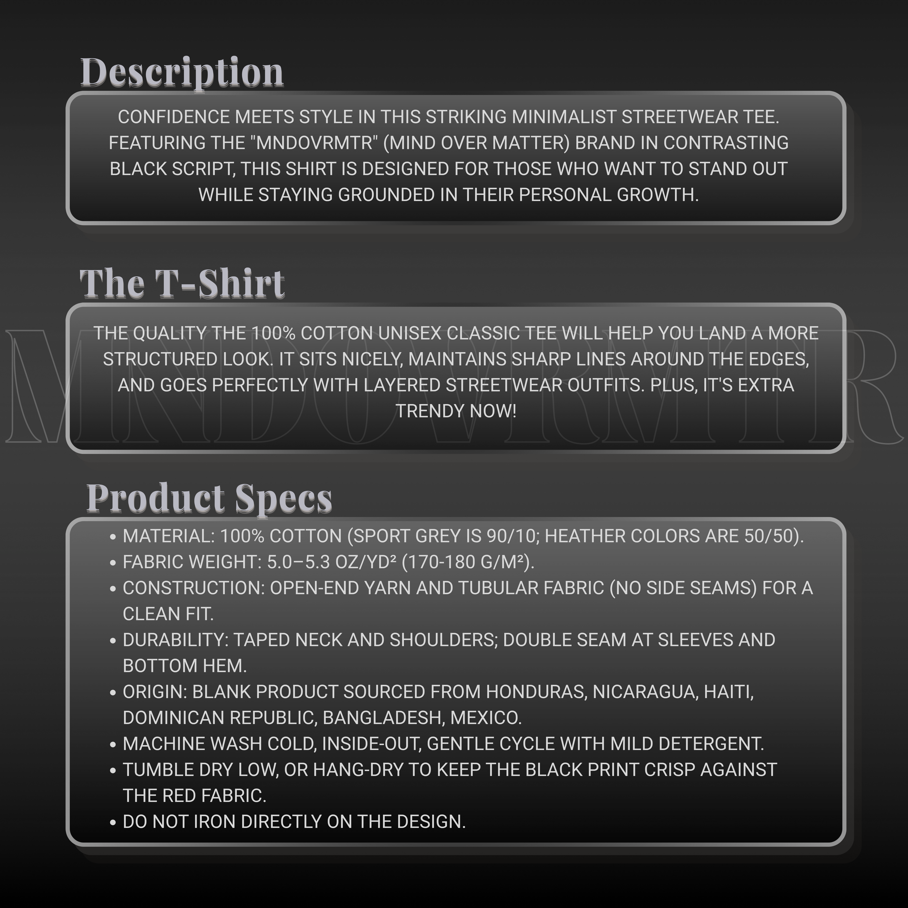 MNDOVRMTR™ script logo t-shirt - product description and specs, 100% cotton streetwear tee