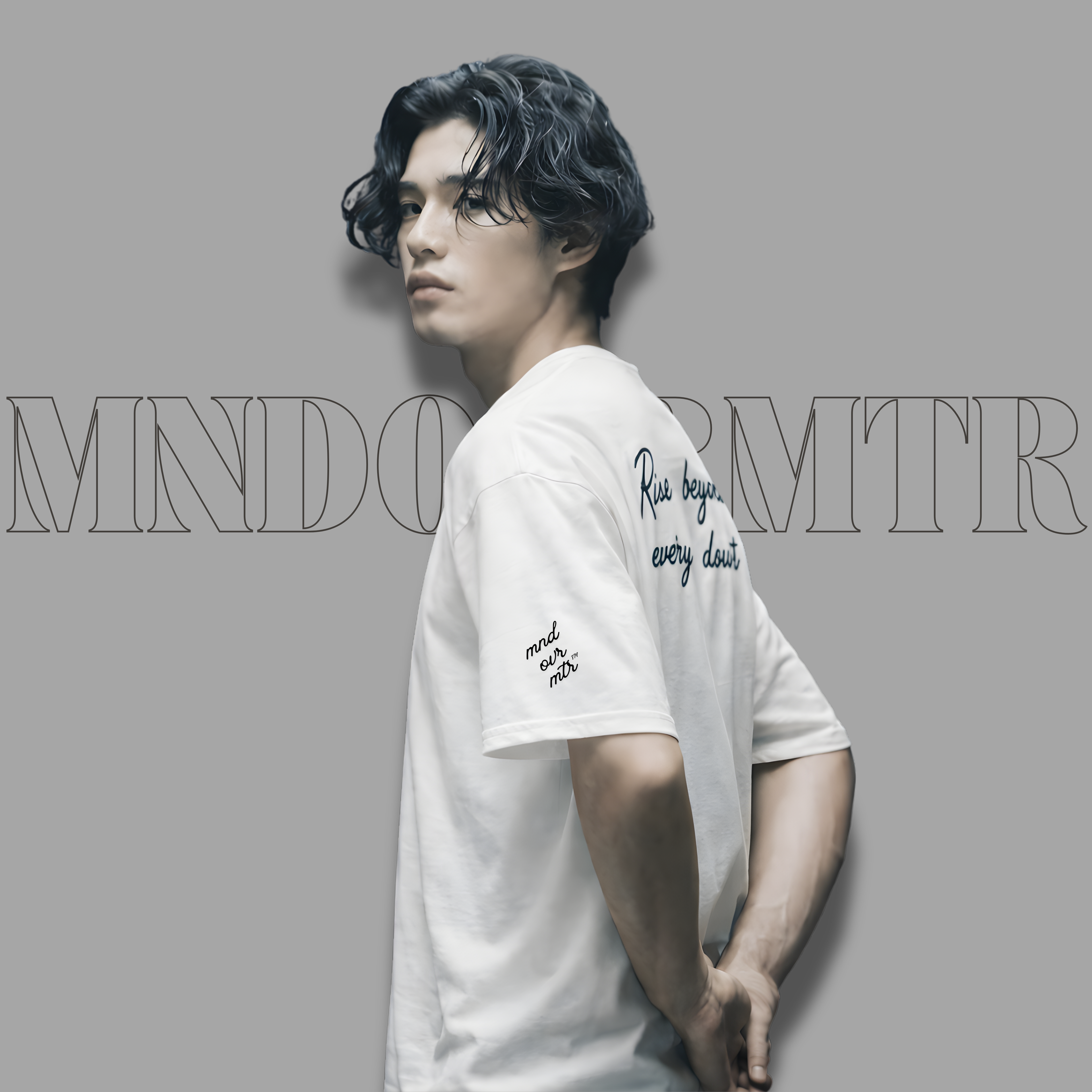 MNDOVRMTR™ script logo t-shirt in white - Rise Beyond Every Doubt back print