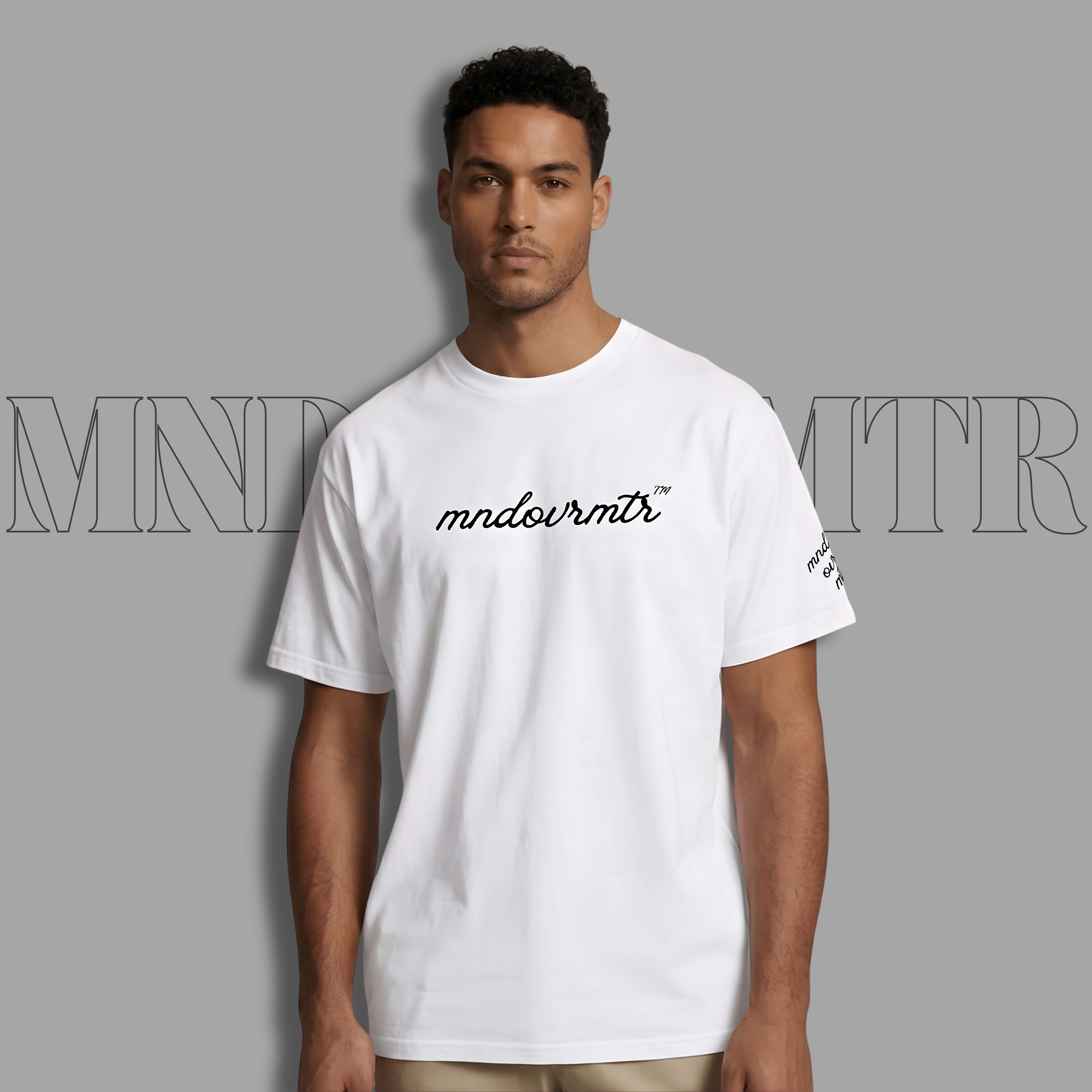 MNDOVRMTR™ script logo t-shirt in white - minimalist streetwear tee