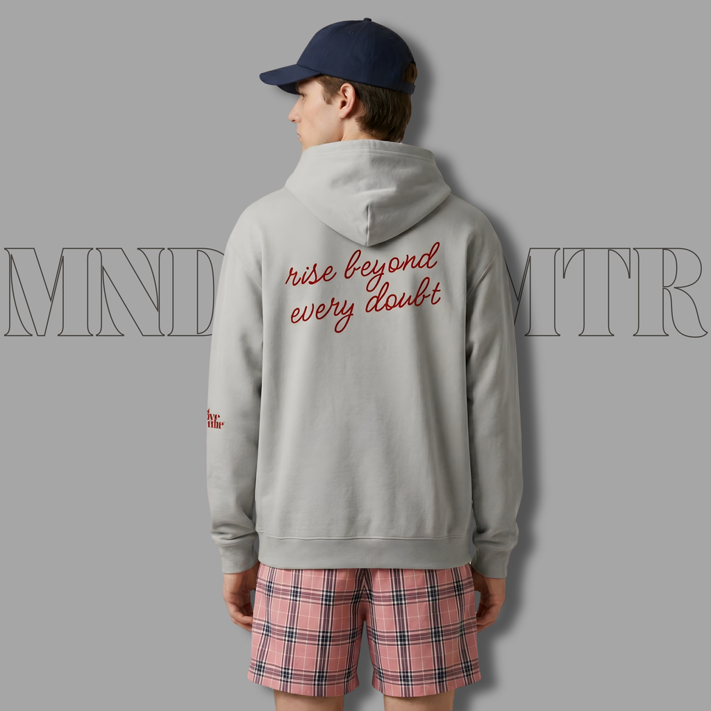 MNDOVRMTR™ men's box hoodie in grey - Rise Beyond Every Doubt back print