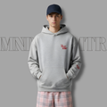 MNDOVRMTR™ men's box hoodie in grey - red stacked logo detail, front view