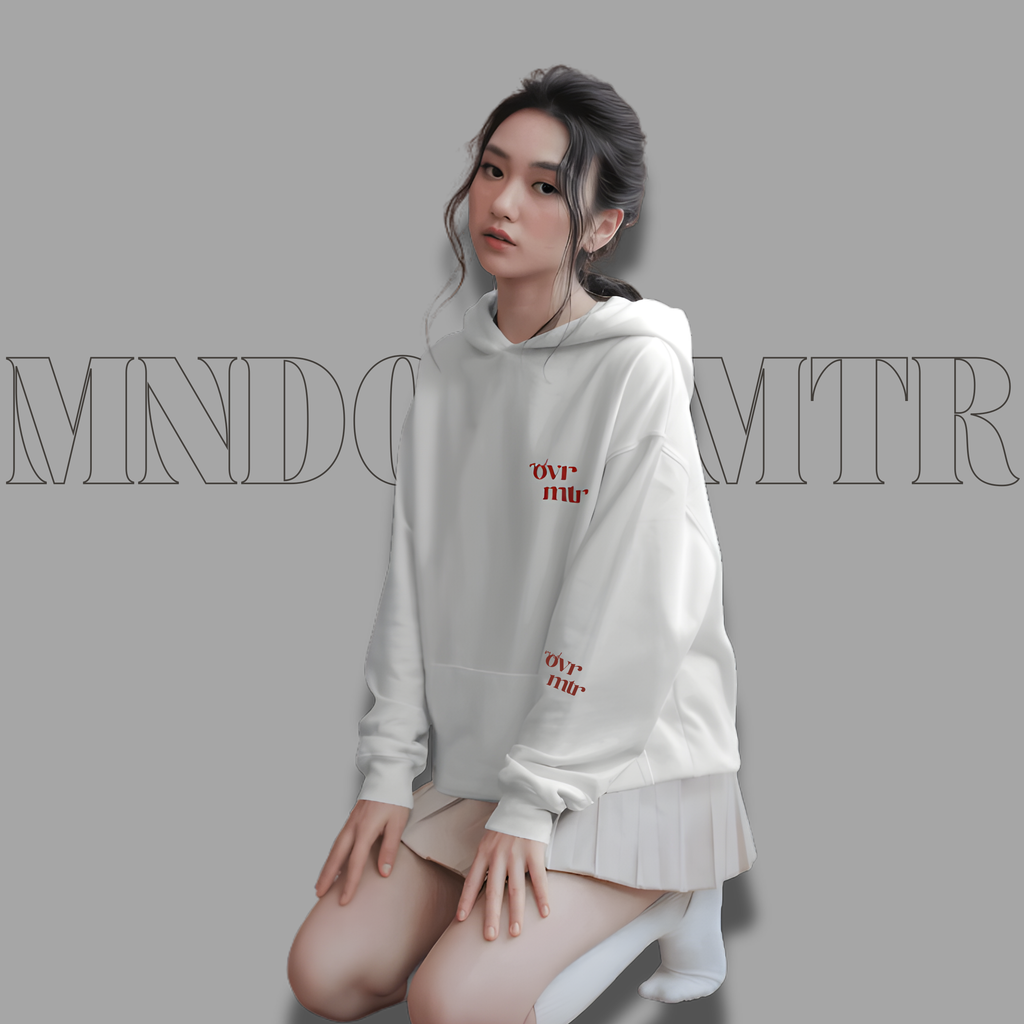 MNDOVRMTR™ men's box hoodie in white - stacked mnd/ovr/mtr logo, front view