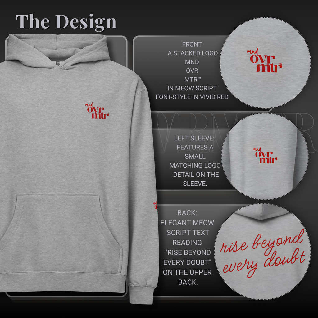 MNDOVRMTR™ men's box hoodie - red stacked logo close-up detail, boxy fit streetwear