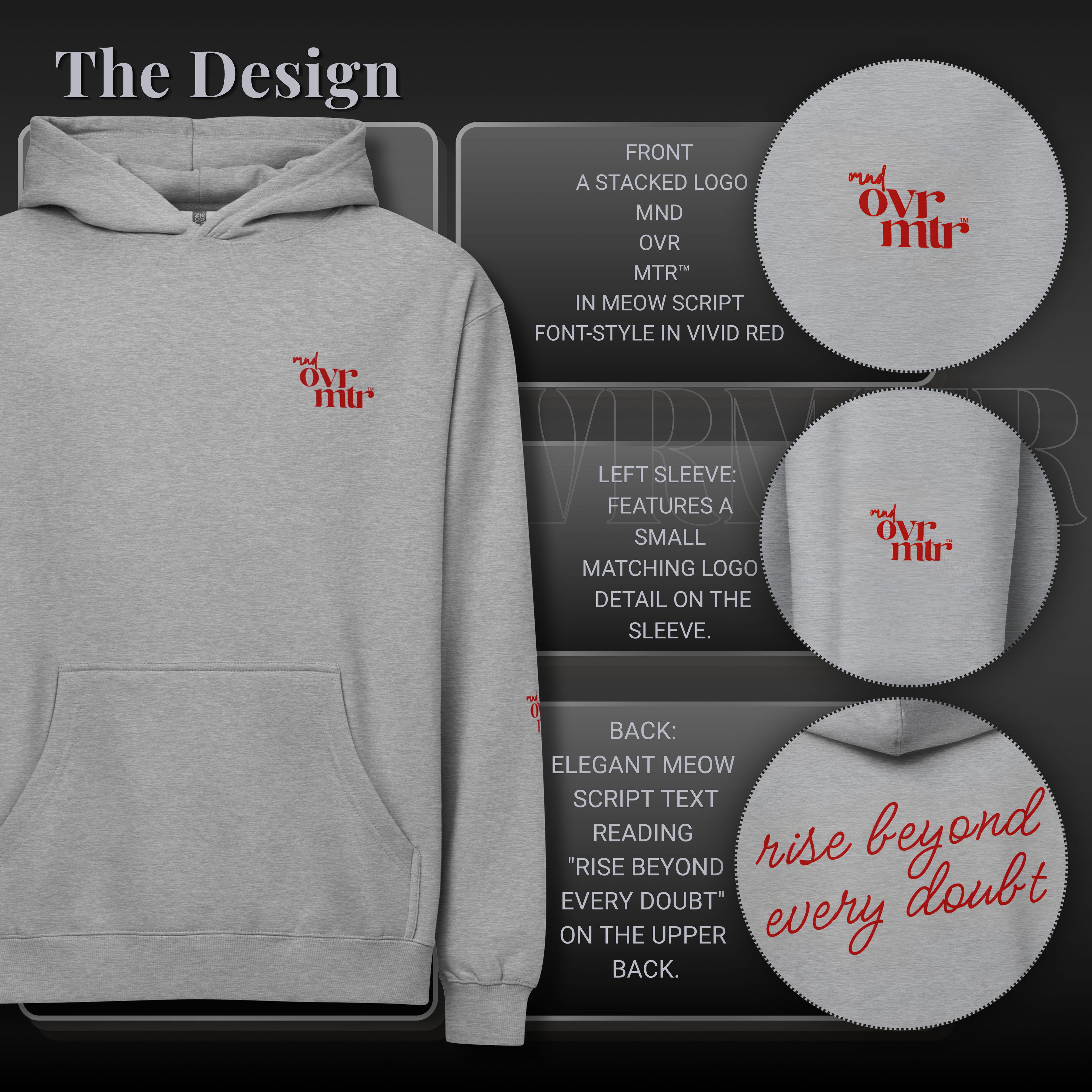 MNDOVRMTR™ men's box hoodie - red stacked logo close-up detail, boxy fit streetwear