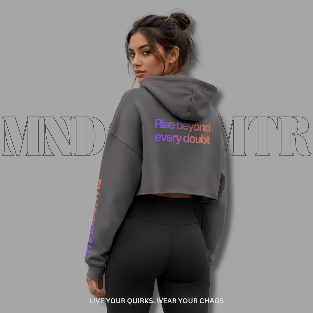 MNDOVRMTR™ crop hoodie - raw-hem streetwear, back view with mind over matter print
