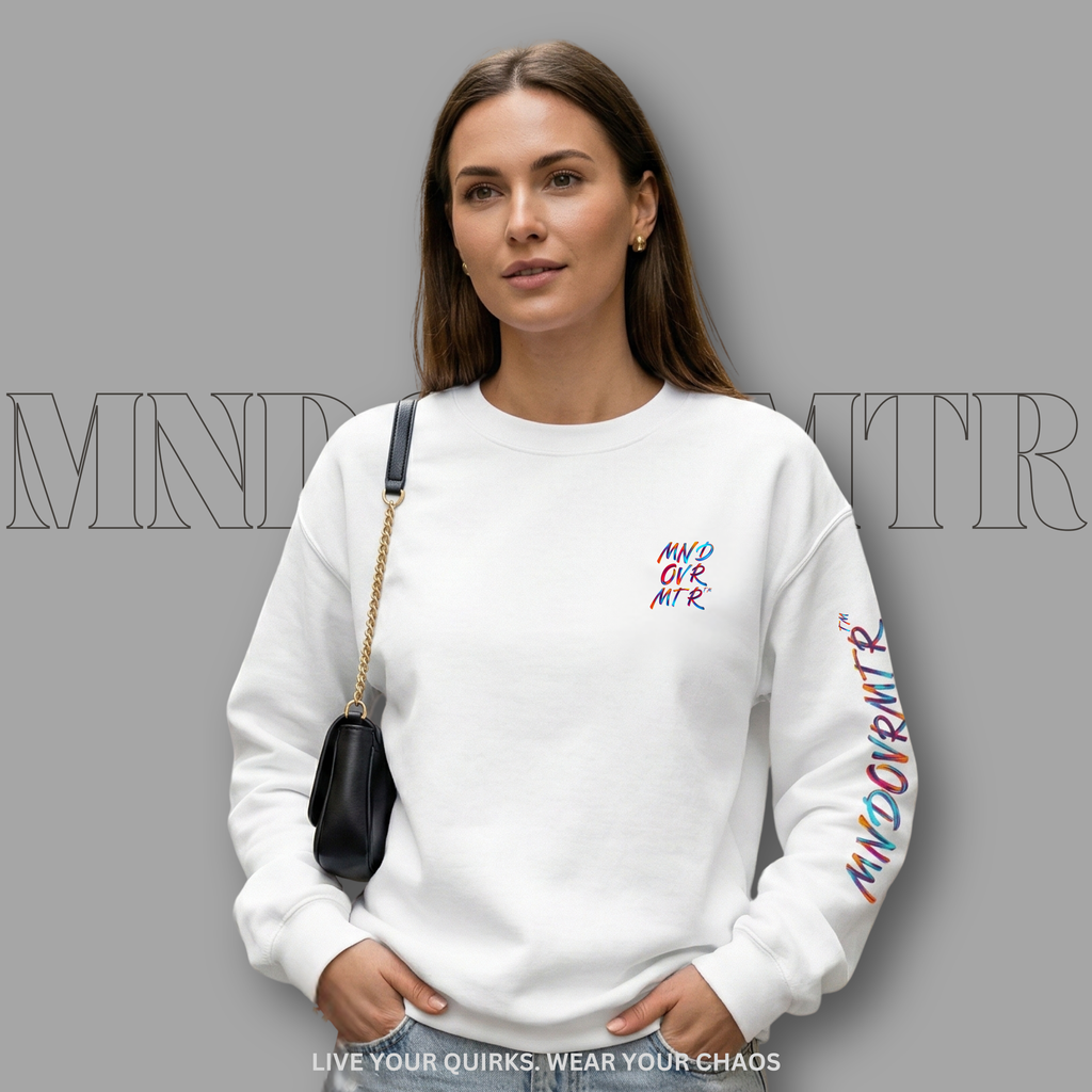 MNDOVRMTR™ unisex sweatshirt in white - minimalist motivational streetwear crewneck
