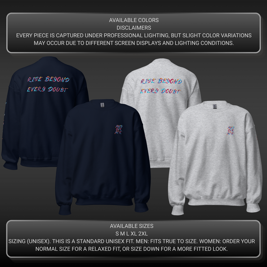 MNDOVRMTR™ unisex sweatshirt - available colors mockup, motivational streetwear