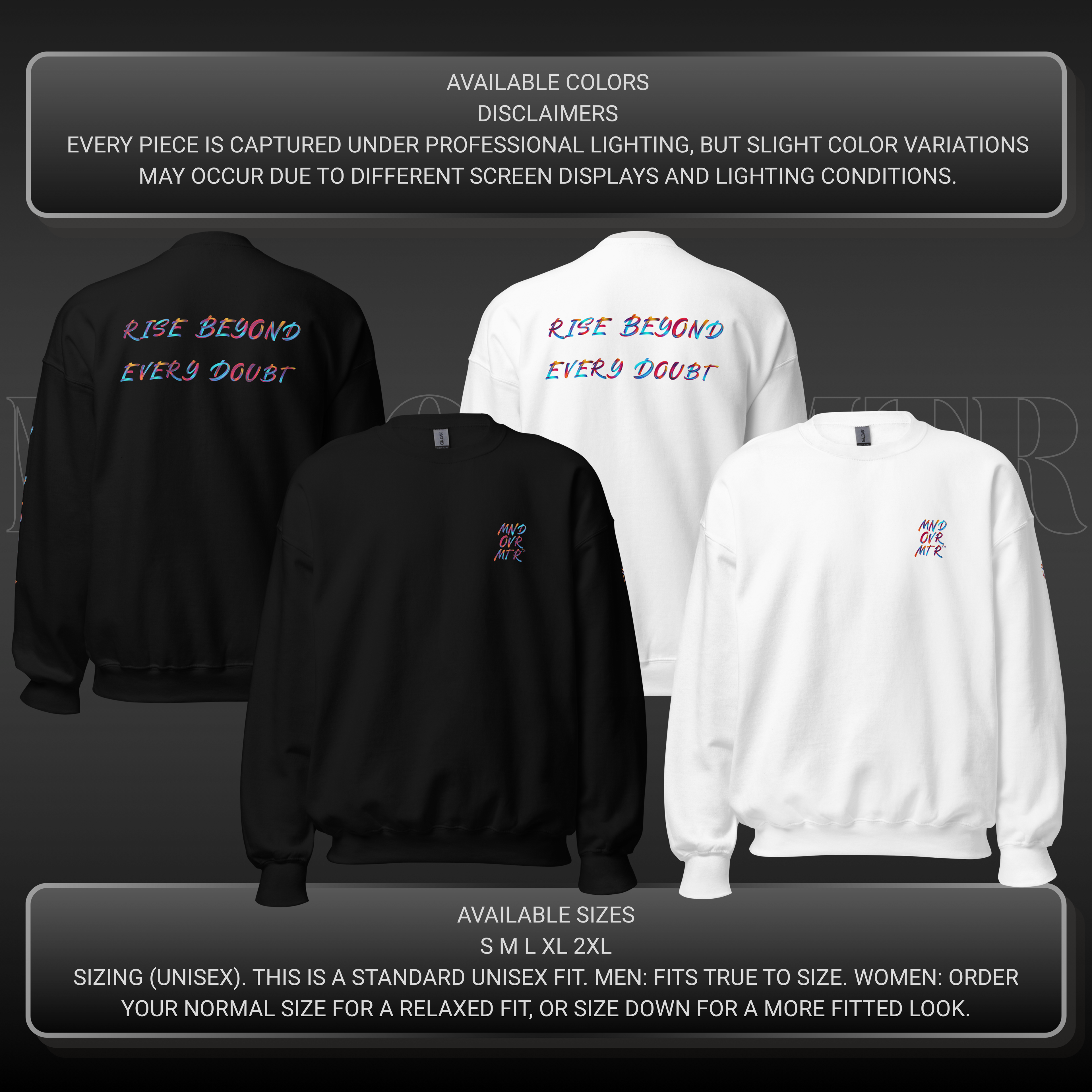 MNDOVRMTR™ unisex sweatshirt - available colors mockup, motivational streetwear