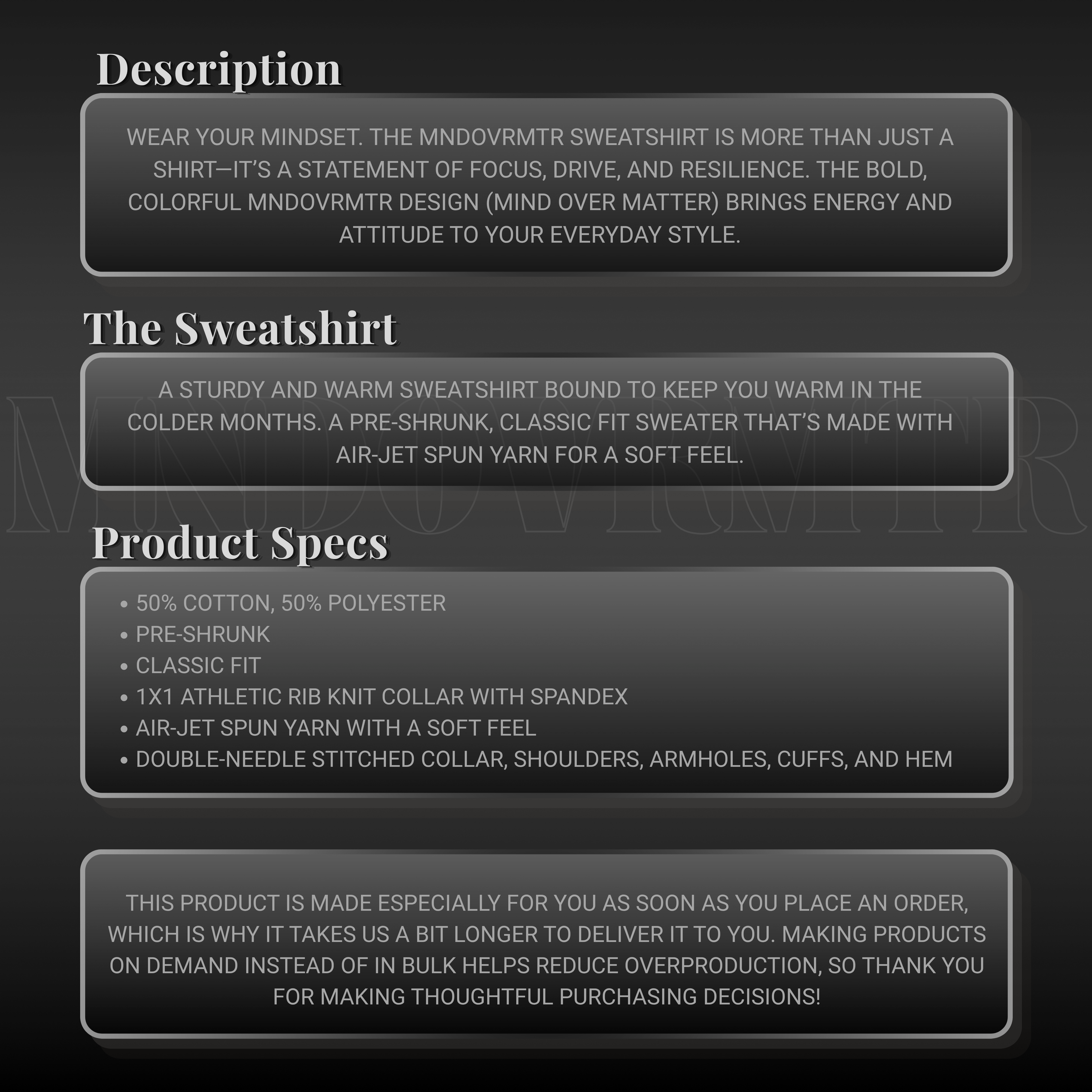 MNDOVRMTR™ unisex sweatshirt - product description and specs