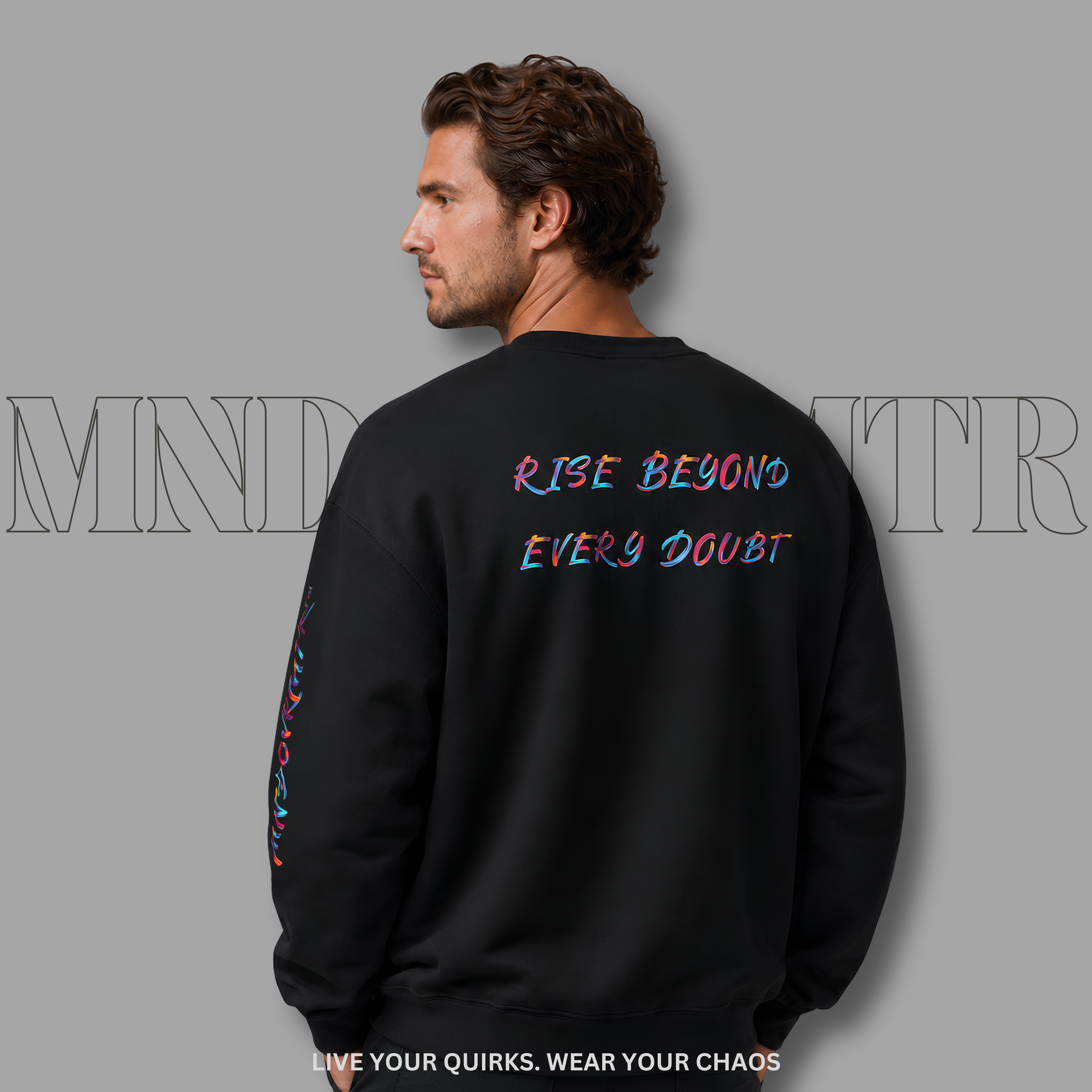 MNDOVRMTR™ unisex sweatshirt in black - motivational streetwear, close-up detail