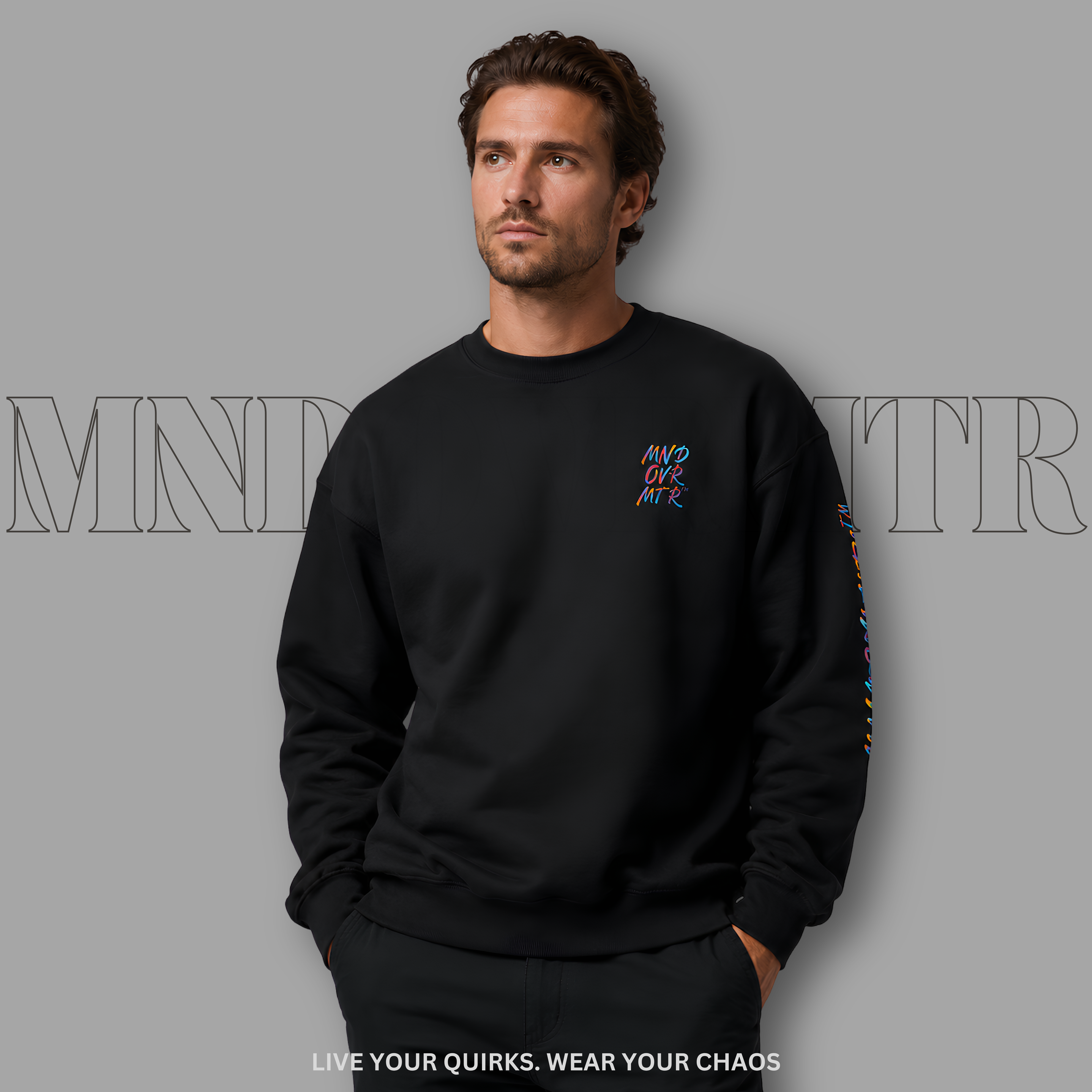 MNDOVRMTR™ unisex sweatshirt in black - mind over matter streetwear crewneck