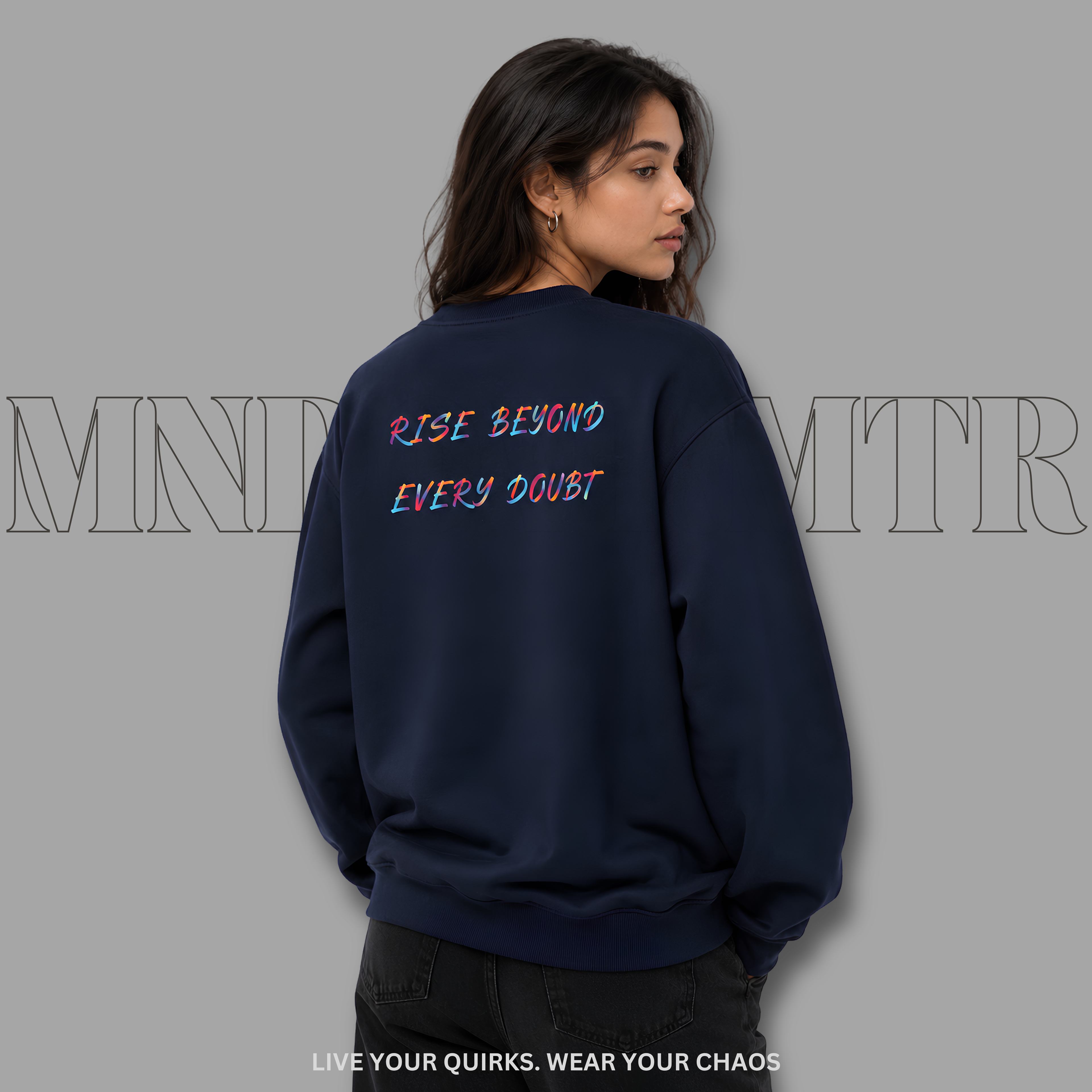 MNDOVRMTR™ unisex sweatshirt in navy - motivational back print, streetwear crewneck