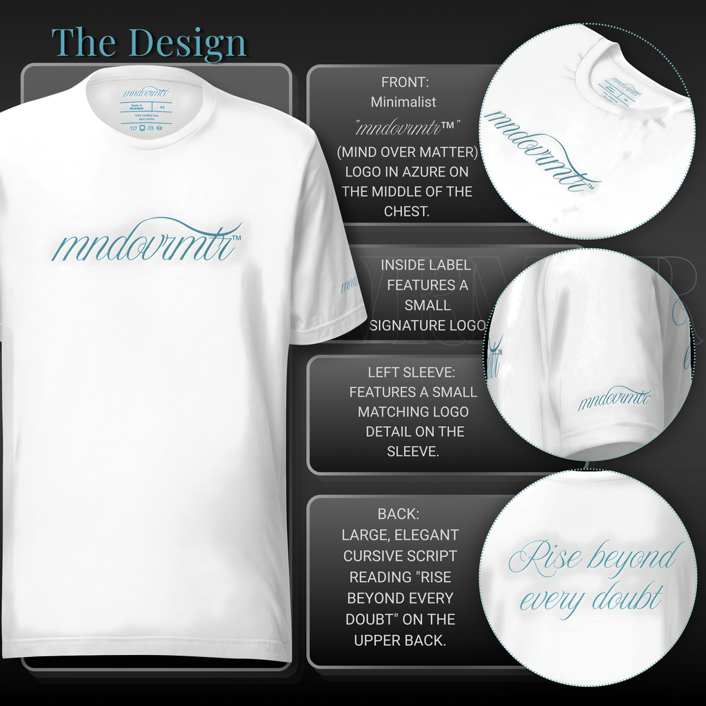 MNDOVRMTR white unisex t-shirt design details showing azure chest logo, inside label, left sleeve logo, and “Rise beyond every doubt” back print.