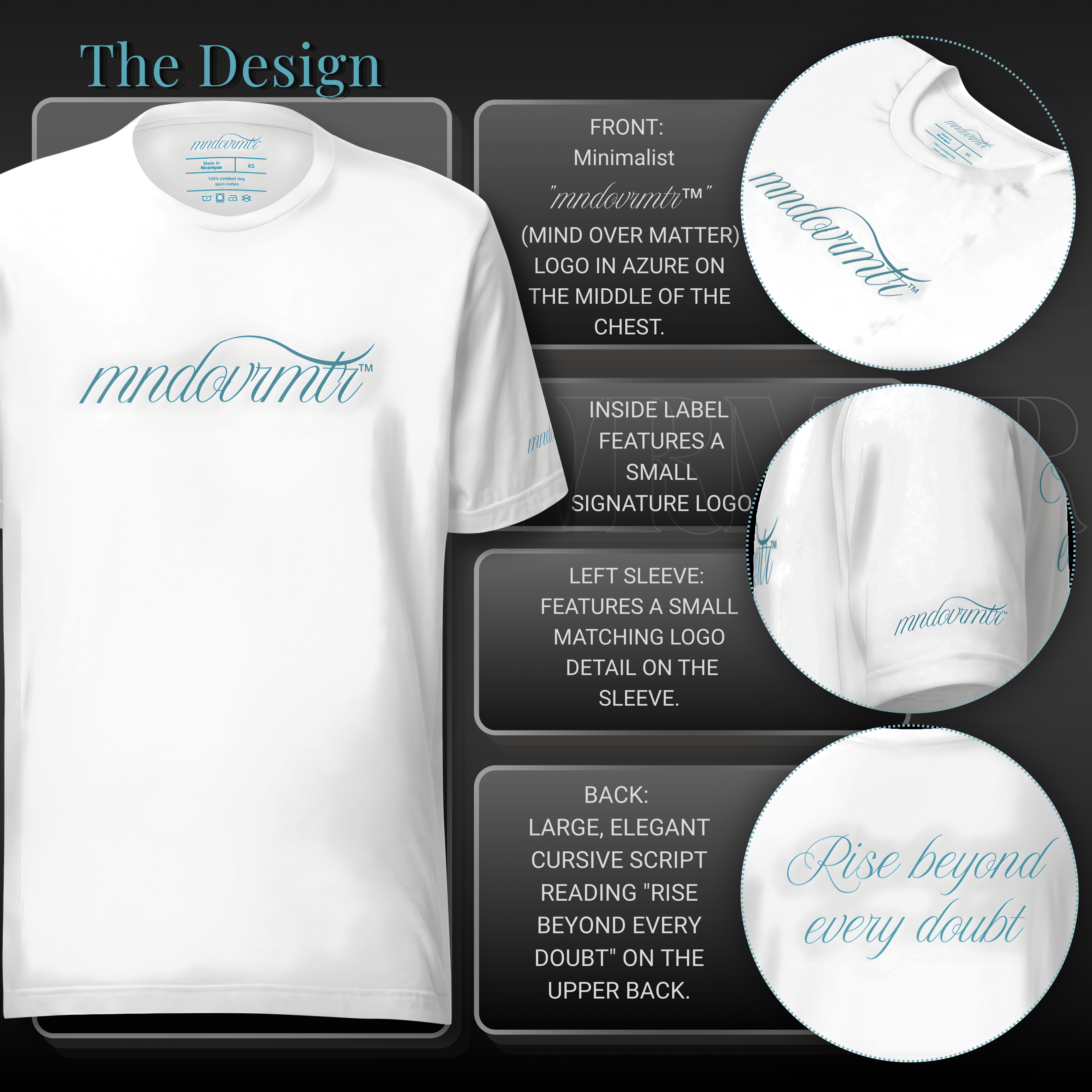MNDOVRMTR white unisex t-shirt design details showing azure chest logo, inside label, left sleeve logo, and “Rise beyond every doubt” back print.
