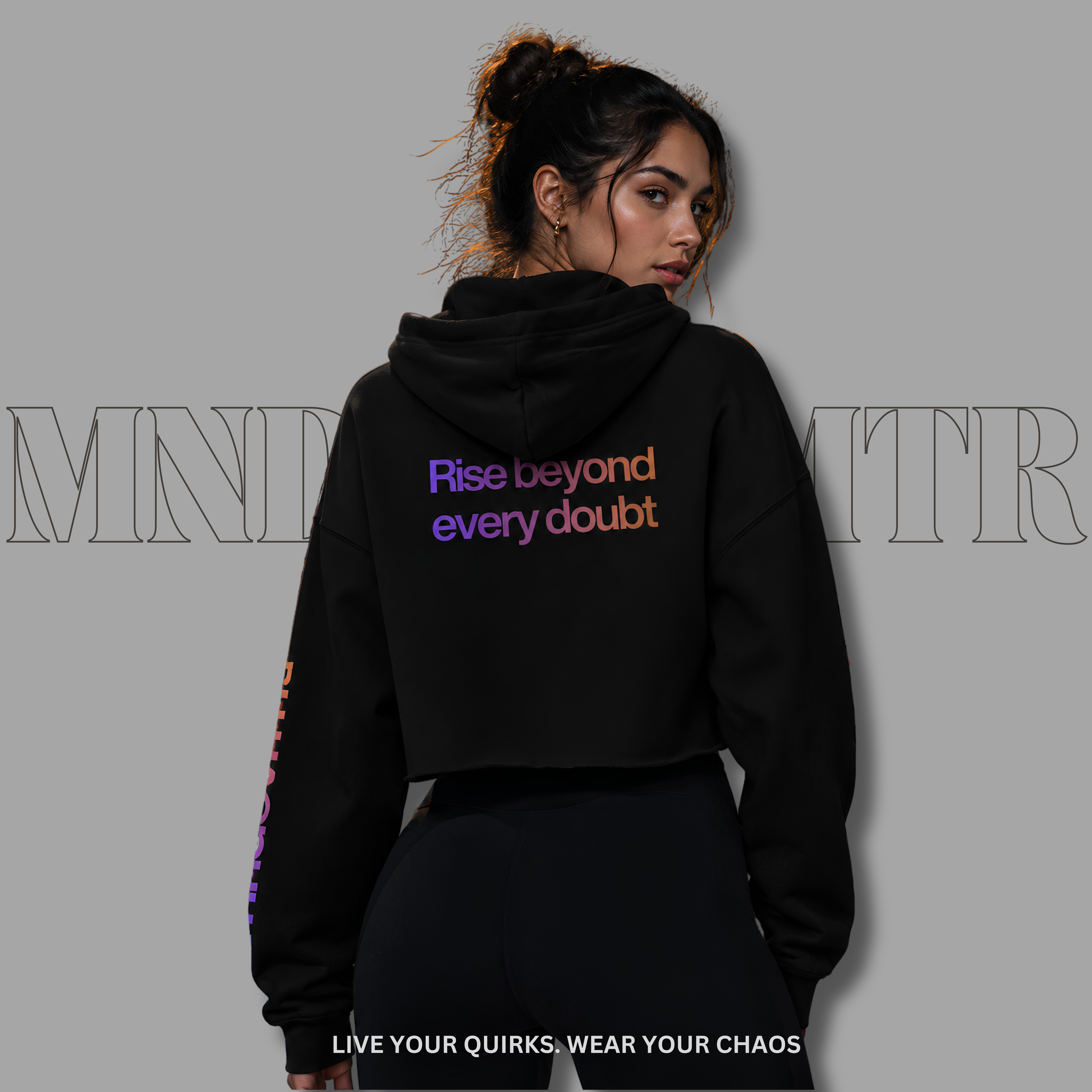 MNDOVRMTR™ crop hoodie - model wearing hoodie, modern streetwear motion