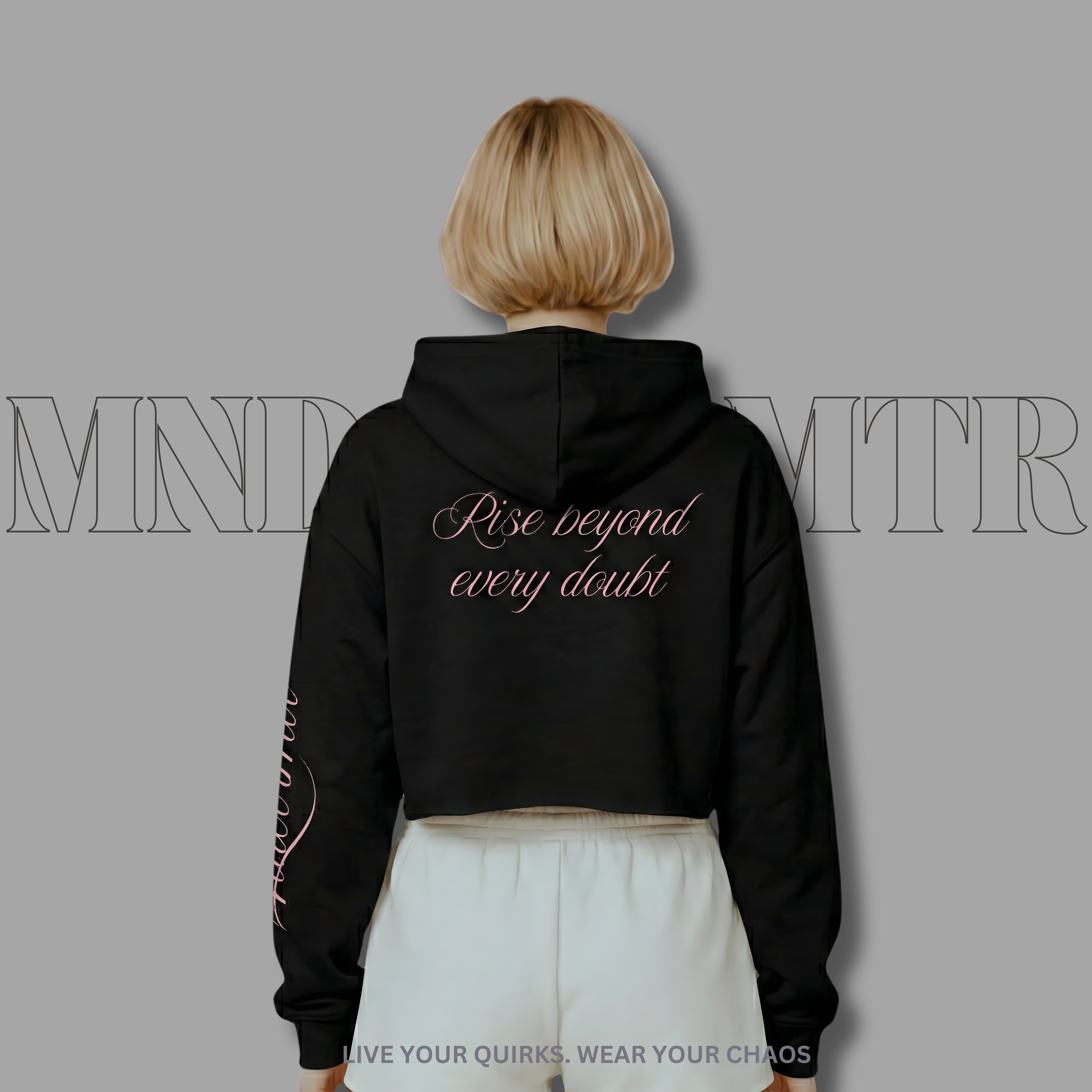 MNDOVRMTR Sexy Crop Hoodie in Black — Mind Over Matter  script and sleeve print, cropped streetwear hoodie