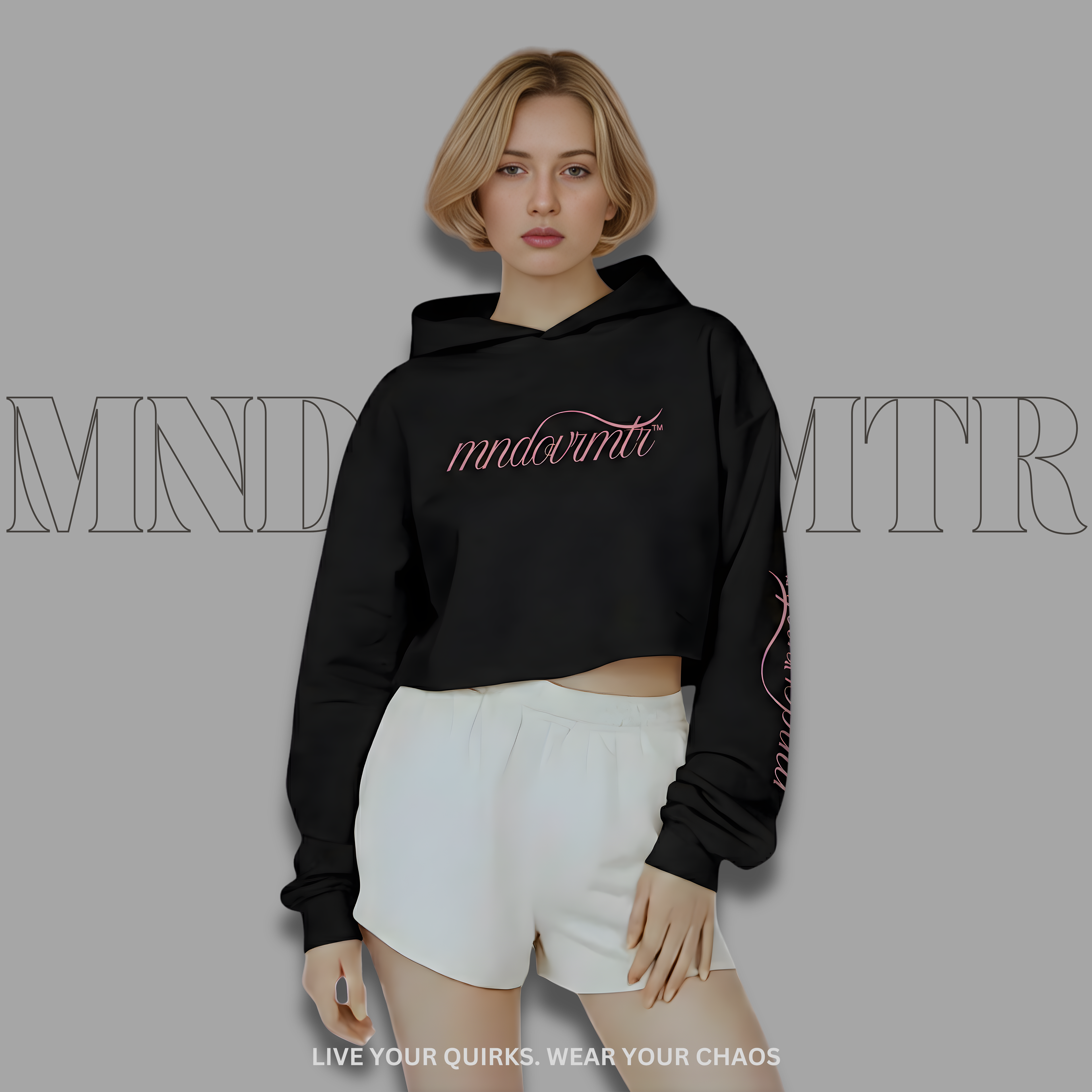 MNDOVRMTR Sexy Crop Hoodie in Black — Mind Over Matter chest script and sleeve print, cropped streetwear hoodie