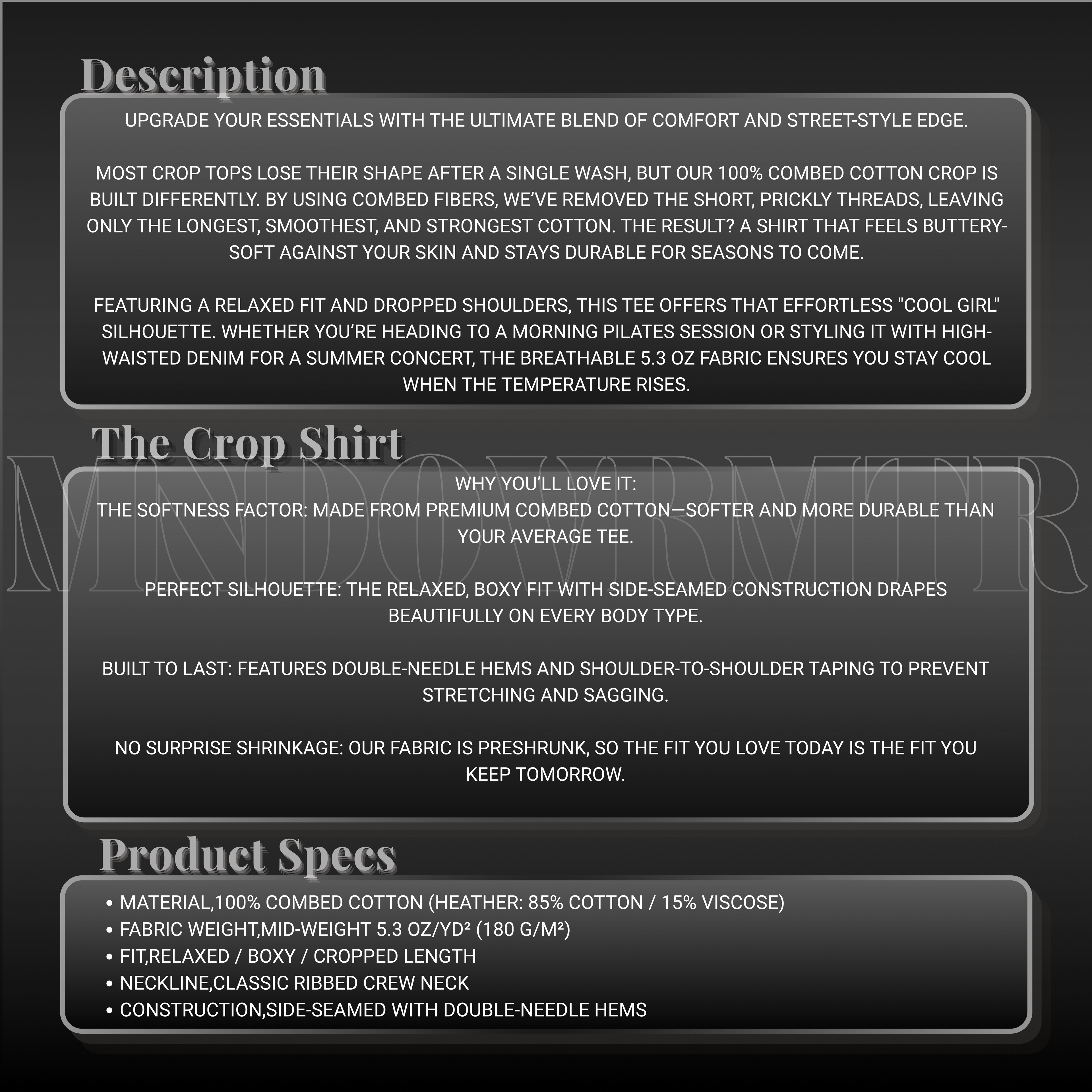 MNDOVRMTR™ premium combed cotton crop top - product description and specs, dropped shoulder tee