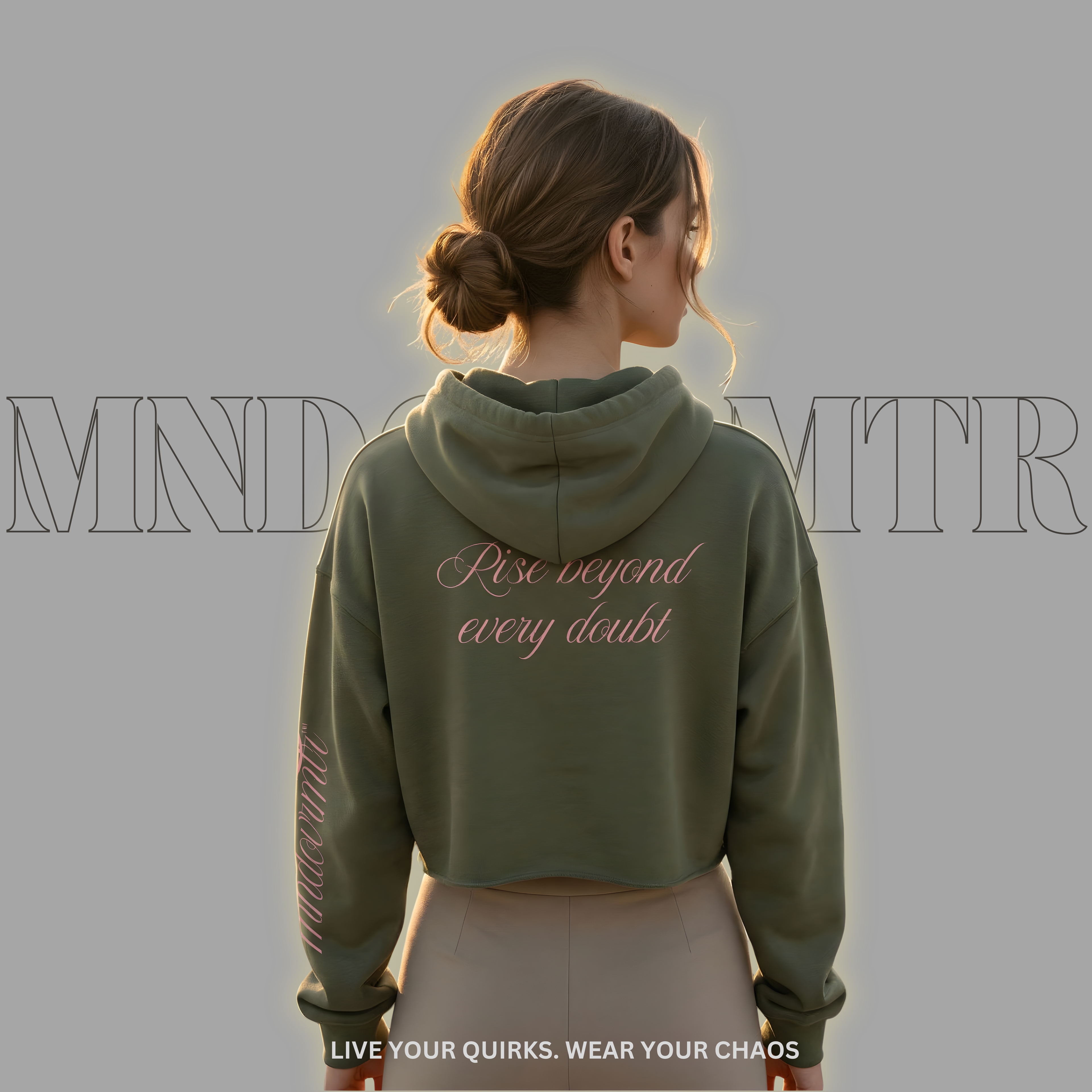 MNDOVRMTR Sexy Crop Hoodie in Military Green — Mind Over Matter back script and sleeve print, cropped streetwear hoodie