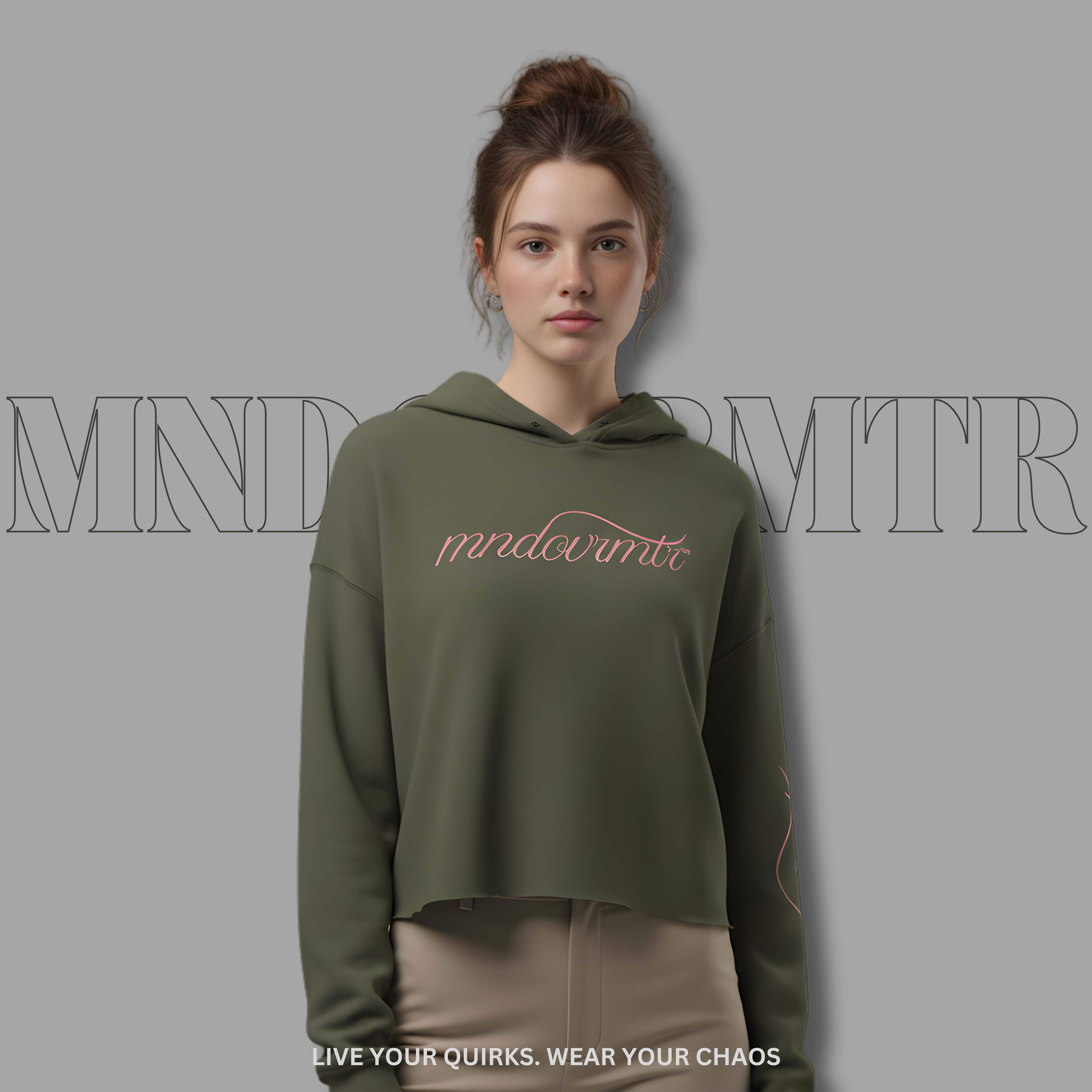 MNDOVRMTR Sexy Crop Hoodie in Military Green — Mind Over Matter chest script and sleeve print, cropped streetwear hoodie