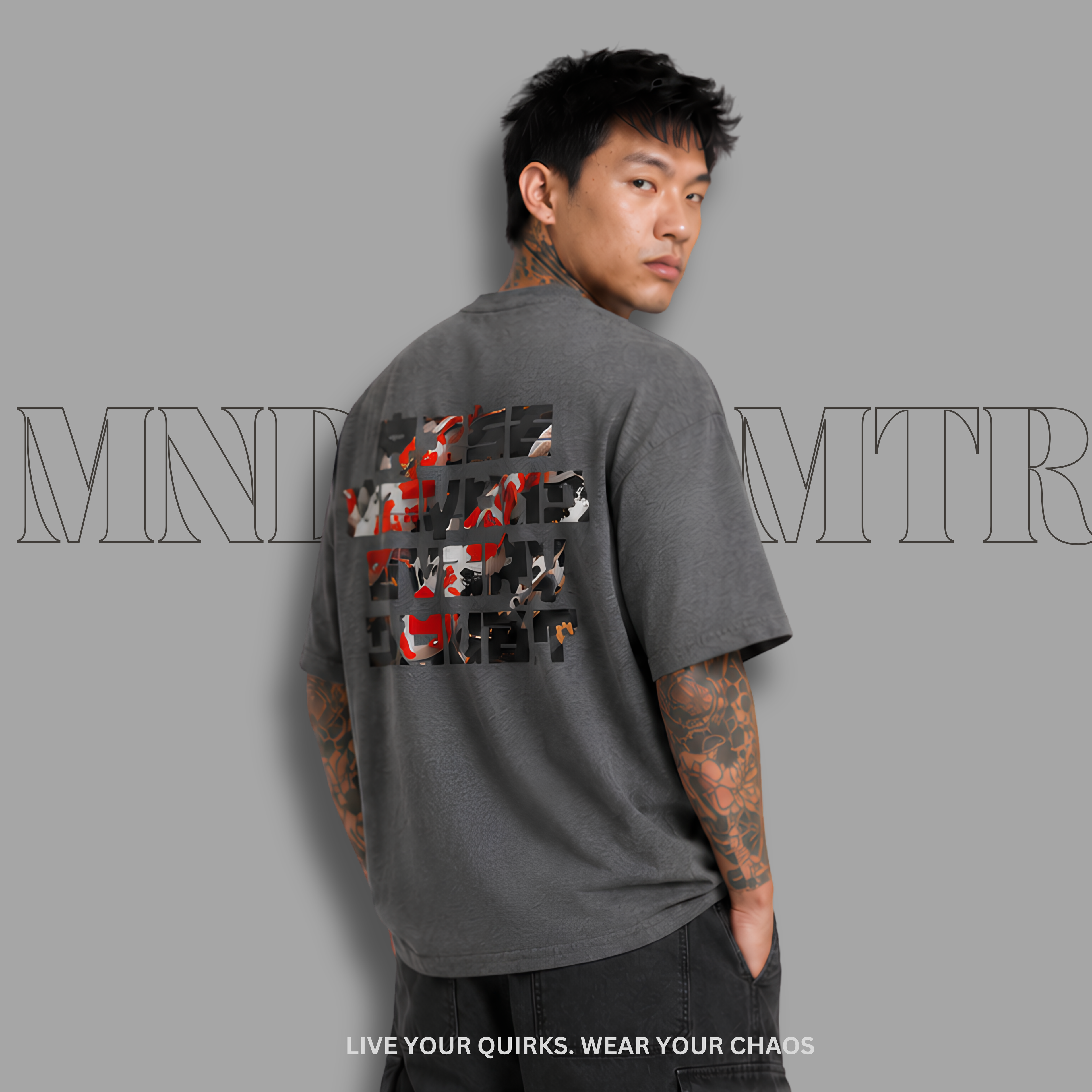 Mndovrmtr koi print tee - model wearing shirt, Japanese streetwear style